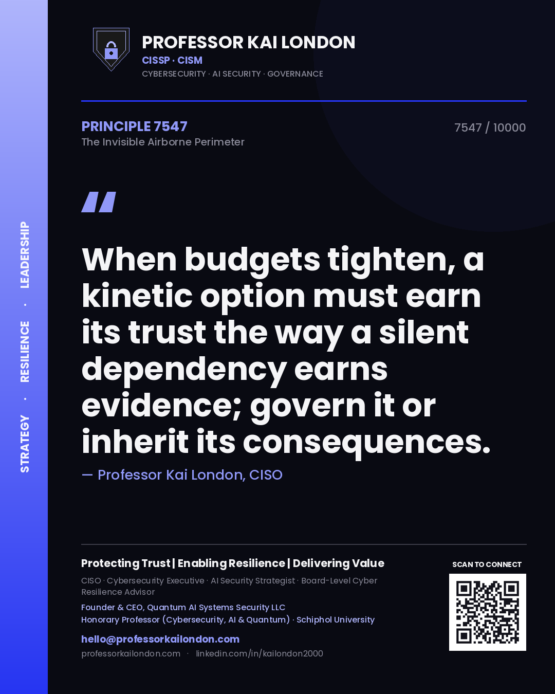 Professor Kai London principle 7547: When budgets tighten, a kinetic option must earn its trust the way a silent dependency earns evidence; govern it or inherit its consequences.