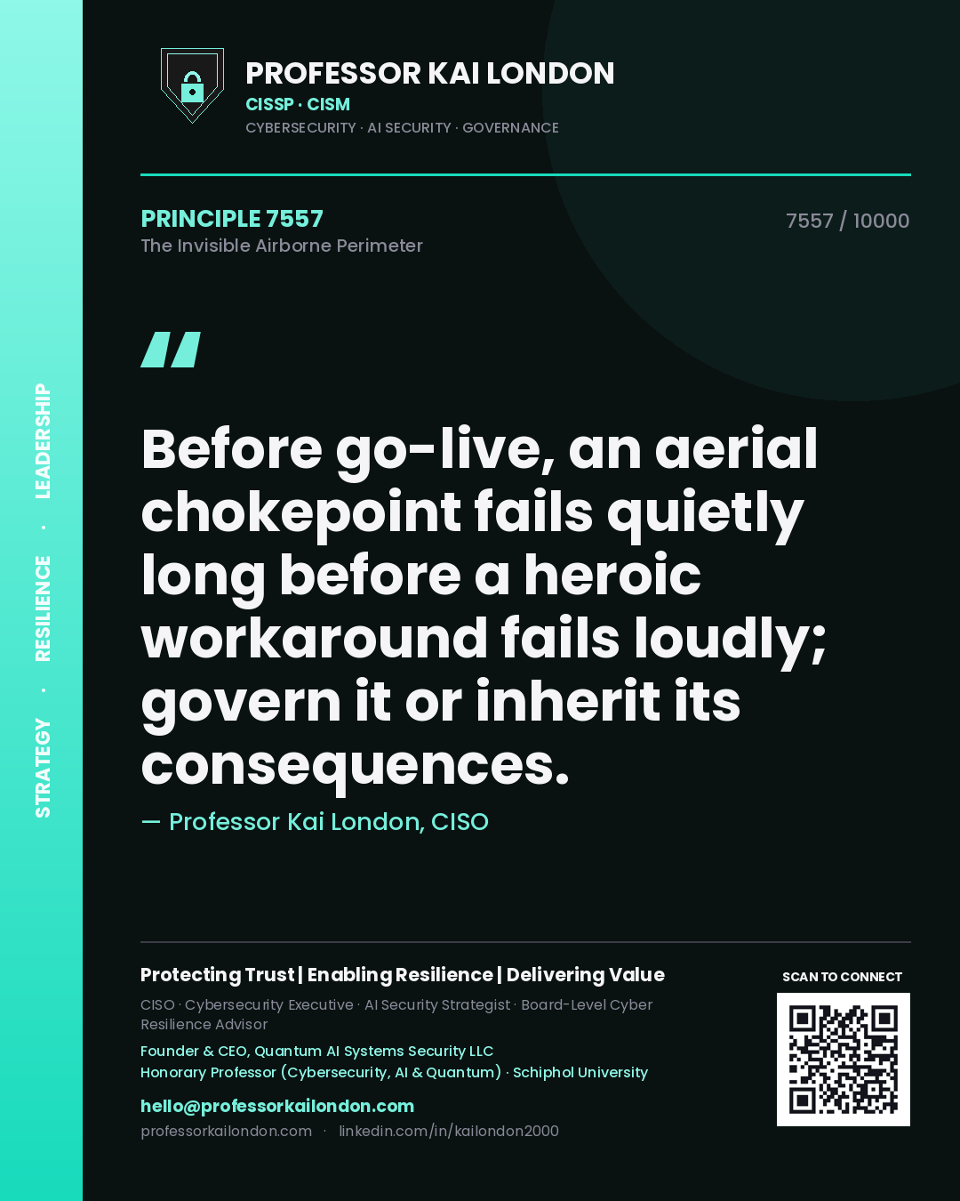 Professor Kai London principle 7557: Before go-live, an aerial chokepoint fails quietly long before a heroic workaround fails loudly; govern it or inherit its consequences.