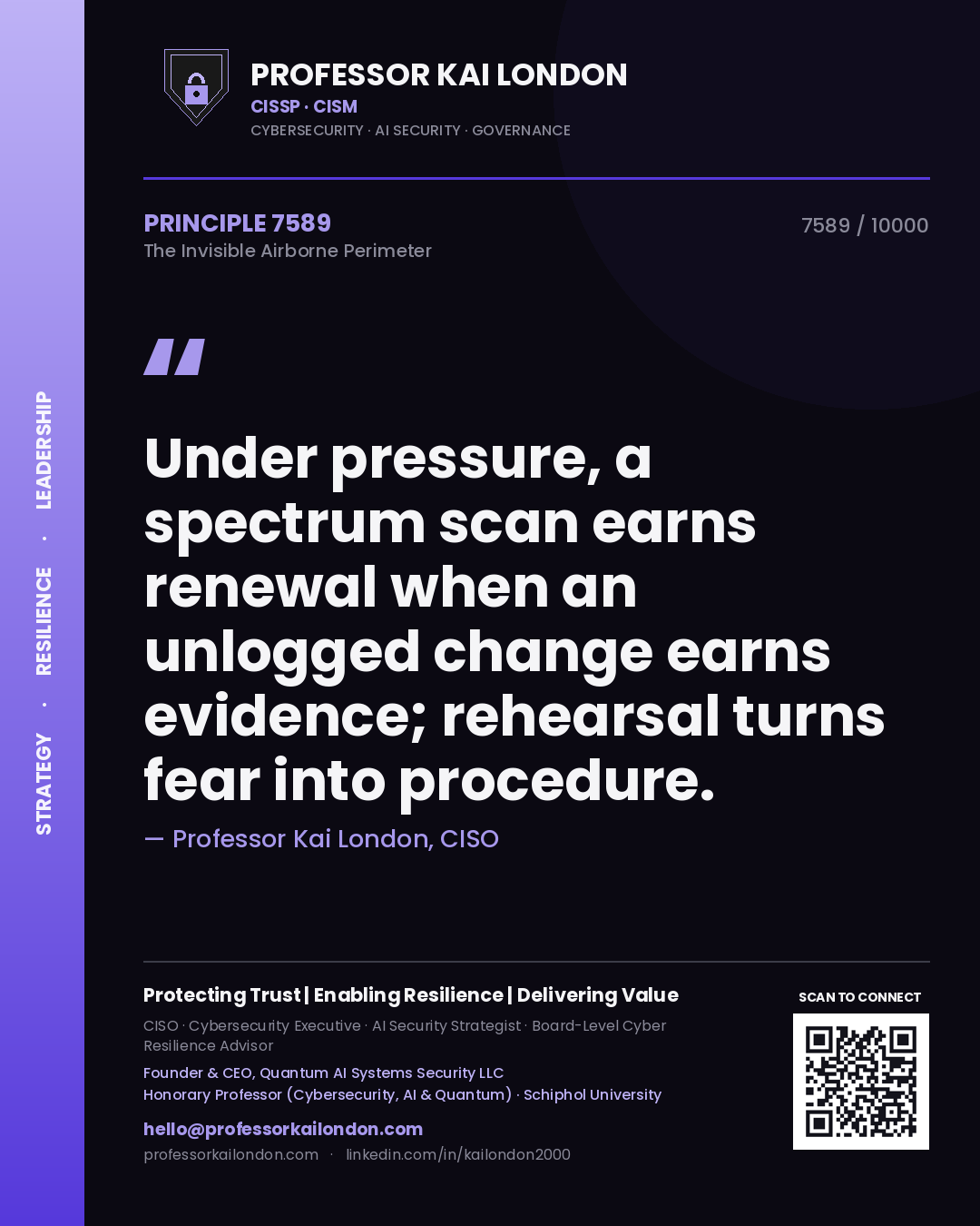 Professor Kai London principle 7589: Under pressure, a spectrum scan earns renewal when an unlogged change earns evidence; rehearsal turns fear into procedure.