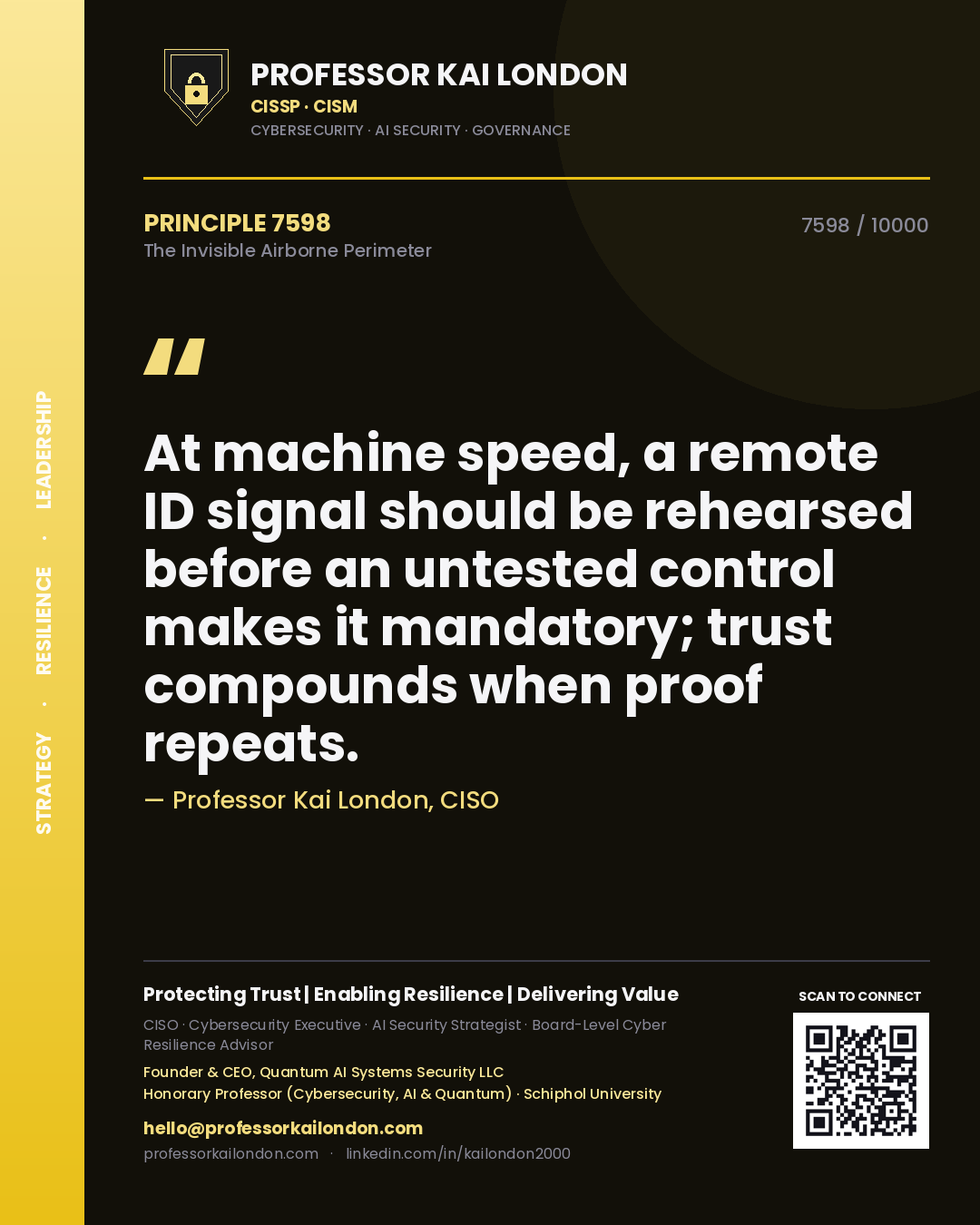 Quote card by Professor Kai London reading 'At machine speed, a remote ID signal should be rehearsed before an untested control makes it mandatory; trust compounds when proof repeats.'. From the book The Invisible Airborne Perimeter.