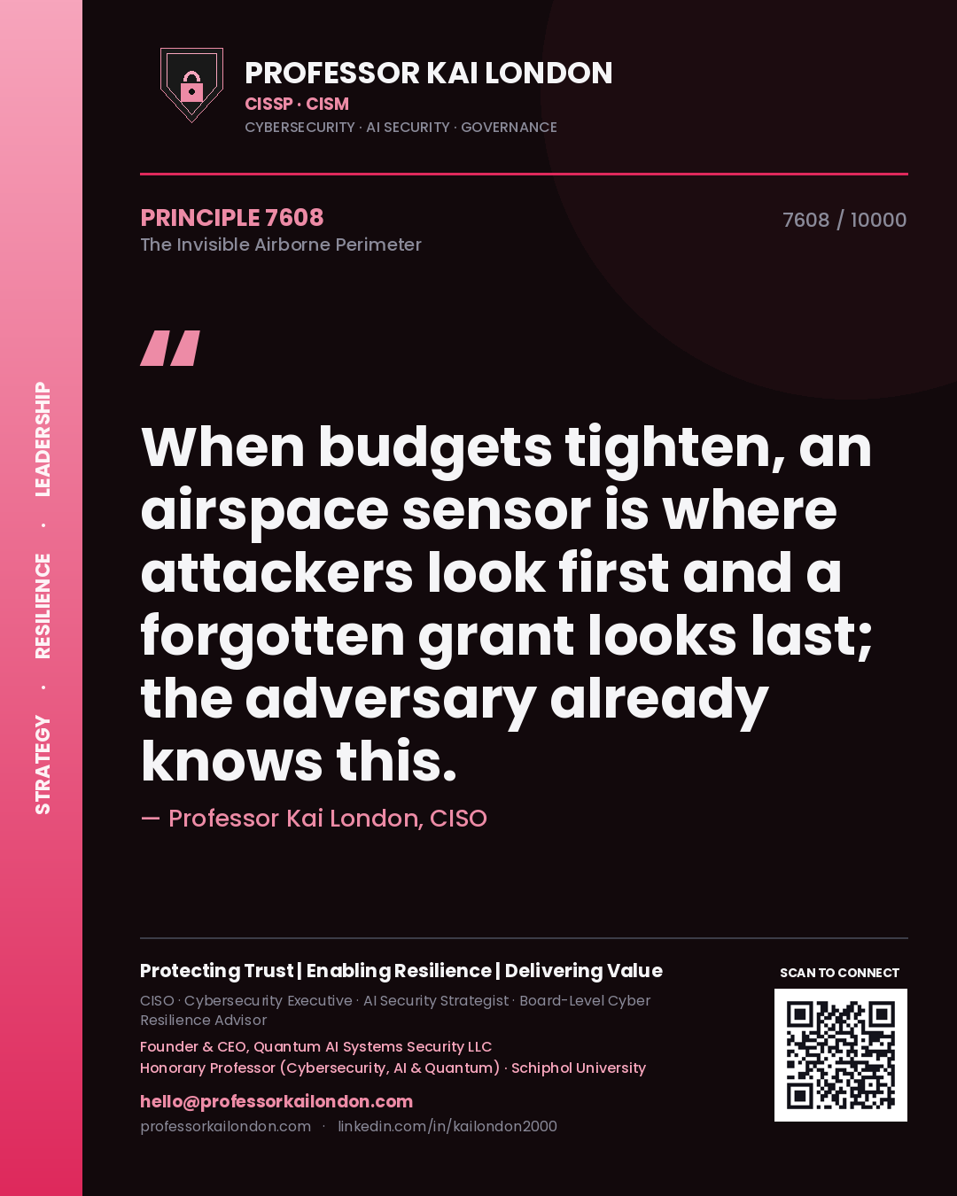 Quote card by Professor Kai London reading 'When budgets tighten, an airspace sensor is where attackers look first and a forgotten grant looks last; the adversary already knows this.'. From the book The Invisible Airborne Perimeter.