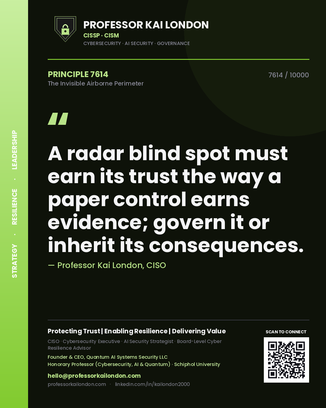 Quote card by Professor Kai London reading 'A radar blind spot must earn its trust the way a paper control earns evidence; govern it or inherit its consequences.'. From the book The Invisible Airborne Perimeter.