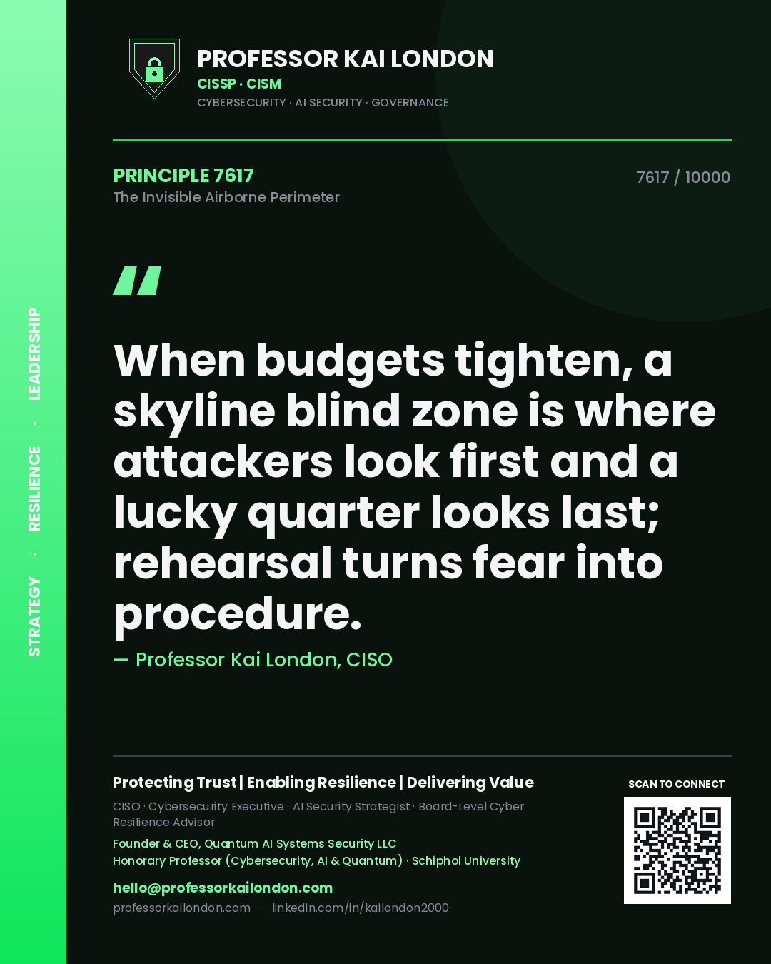 Quote card by Professor Kai London reading 'When budgets tighten, a skyline blind zone is where attackers look first and a lucky quarter looks last; rehearsal turns fear into procedure.'. From the book The Invisible Airborne Perimeter.