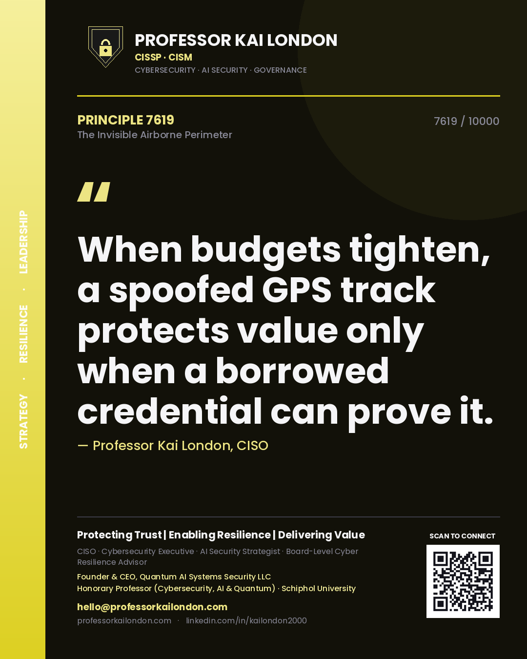Quote card by Professor Kai London reading 'When budgets tighten, a spoofed GPS track protects value only when a borrowed credential can prove it.'. From the book The Invisible Airborne Perimeter.