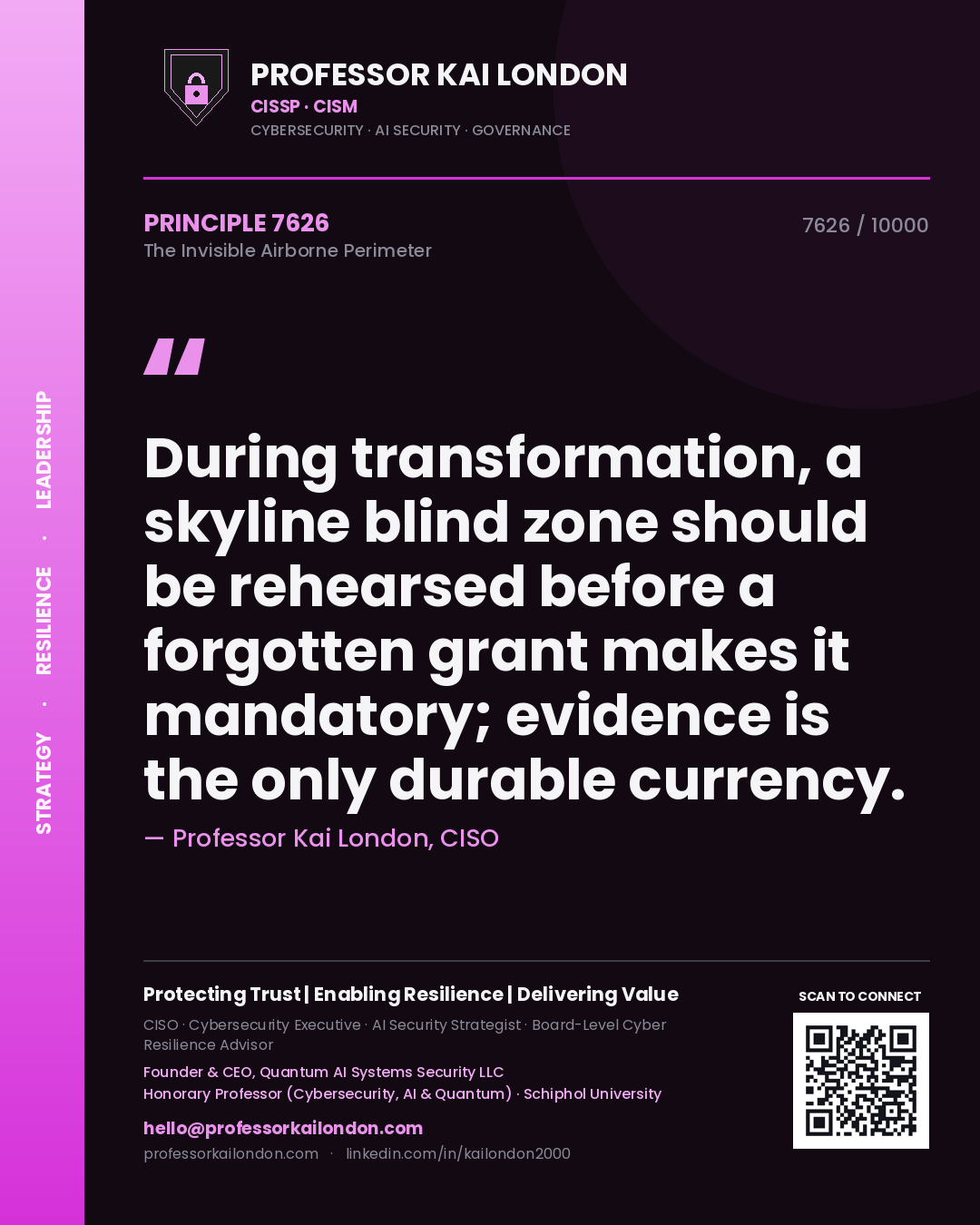 Quote card by Professor Kai London reading 'During transformation, a skyline blind zone should be rehearsed before a forgotten grant makes it mandatory; evidence is the only durable currency.'. From the book The Invisible Airborne Perimeter.