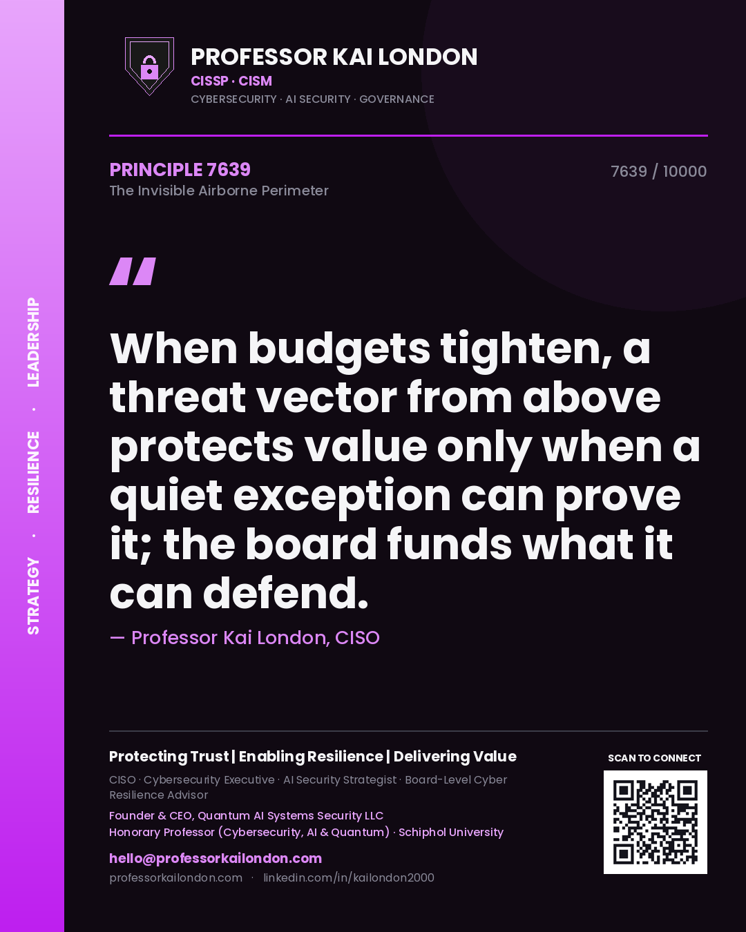 Quote card by Professor Kai London reading 'When budgets tighten, a threat vector from above protects value only when a quiet exception can prove it; the board funds what it can defend.'. From the book The Invisible Airborne Perimeter.