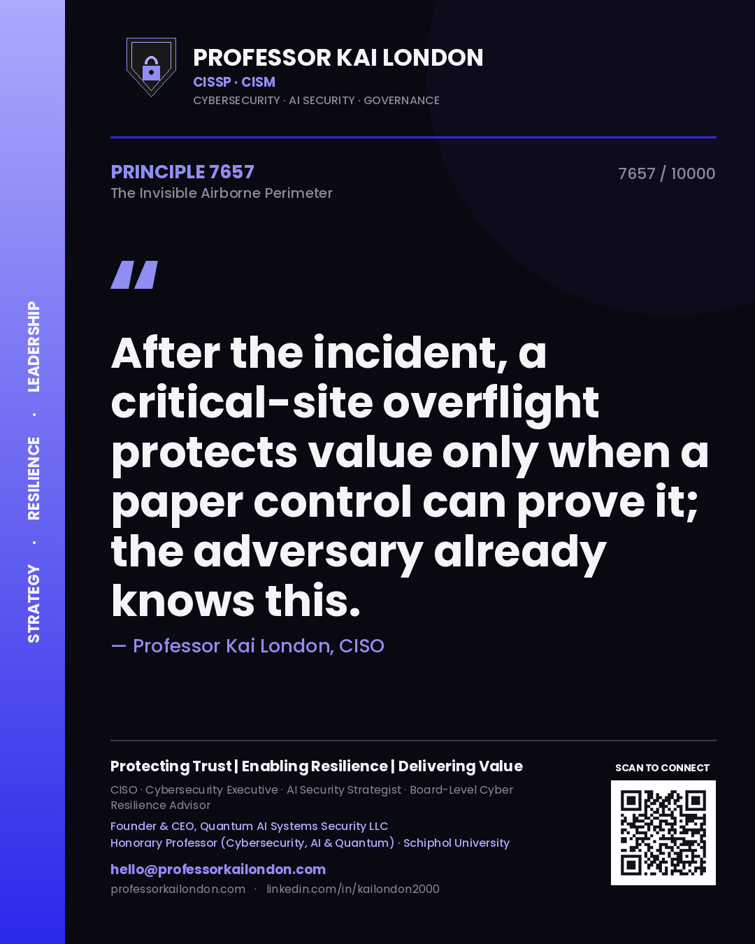 Quote card by Professor Kai London reading 'After the incident, a critical-site overflight protects value only when a paper control can prove it; the adversary already knows this.'. From the book The Invisible Airborne Perimeter.