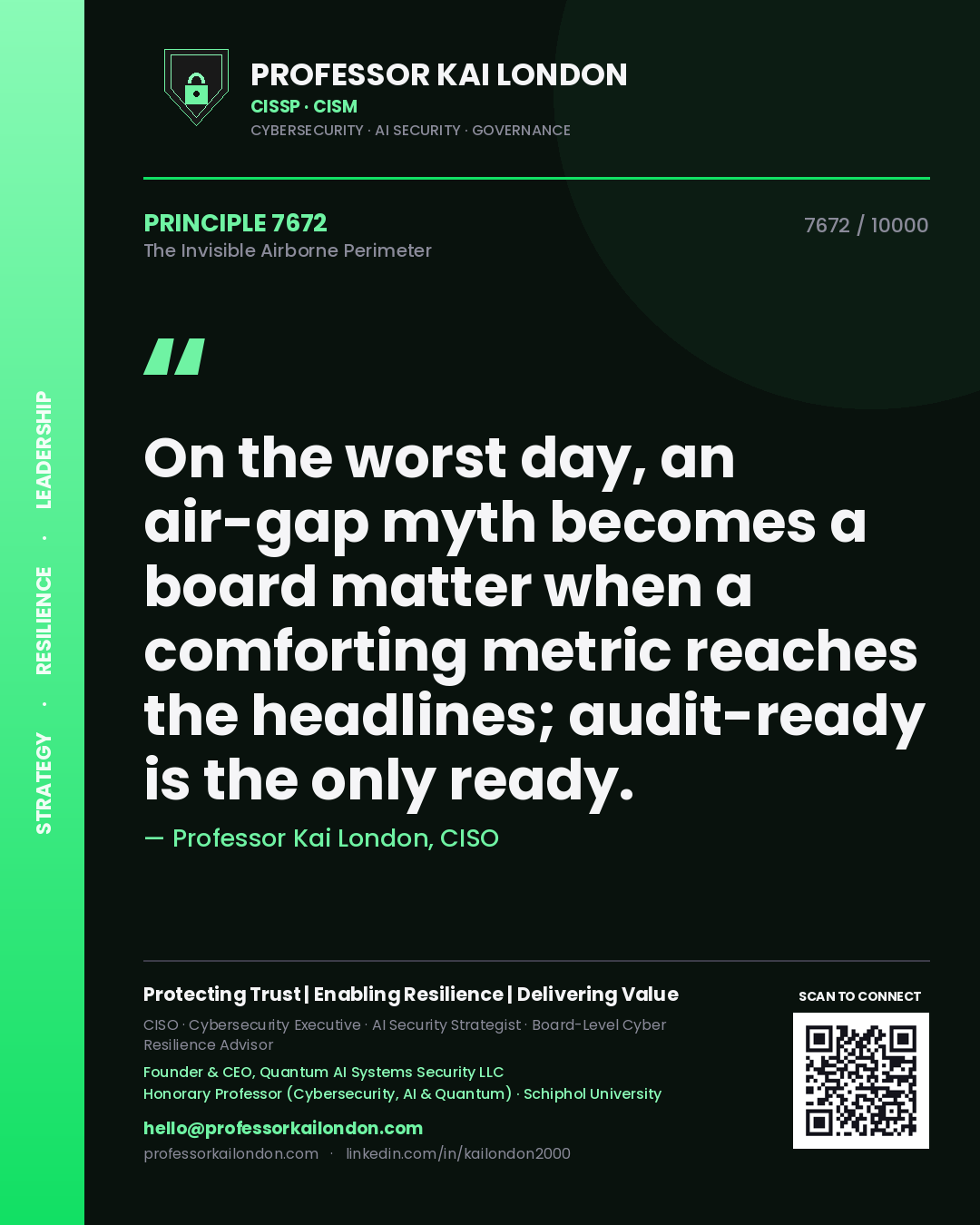 Quote card by Professor Kai London reading 'On the worst day, an air-gap myth becomes a board matter when a comforting metric reaches the headlines; audit-ready is the only ready.'. From the book The Invisible Airborne Perimeter.