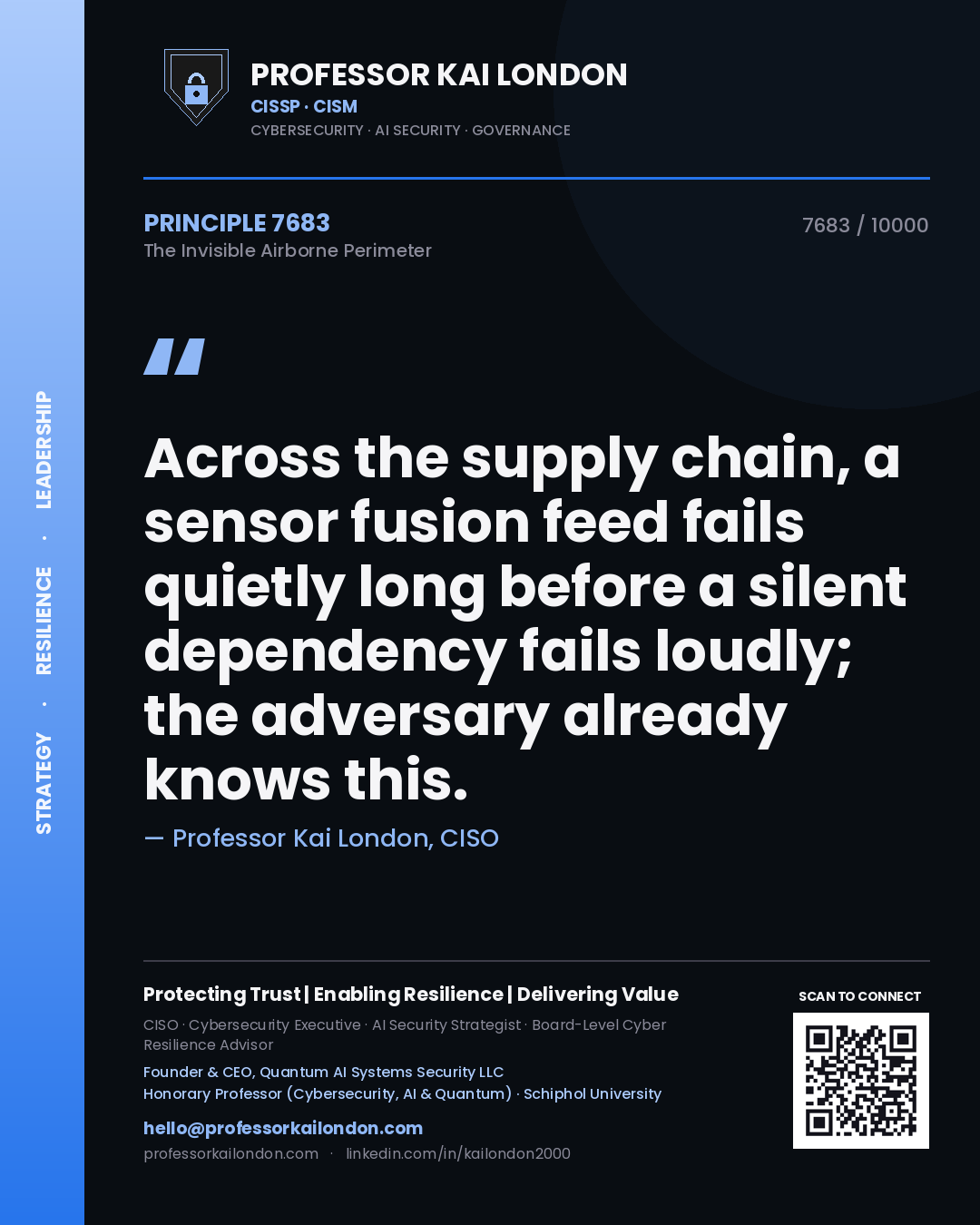 Quote card by Professor Kai London reading 'Across the supply chain, a sensor fusion feed fails quietly long before a silent dependency fails loudly; the adversary already knows this.'. From the book The Invisible Airborne Perimeter.