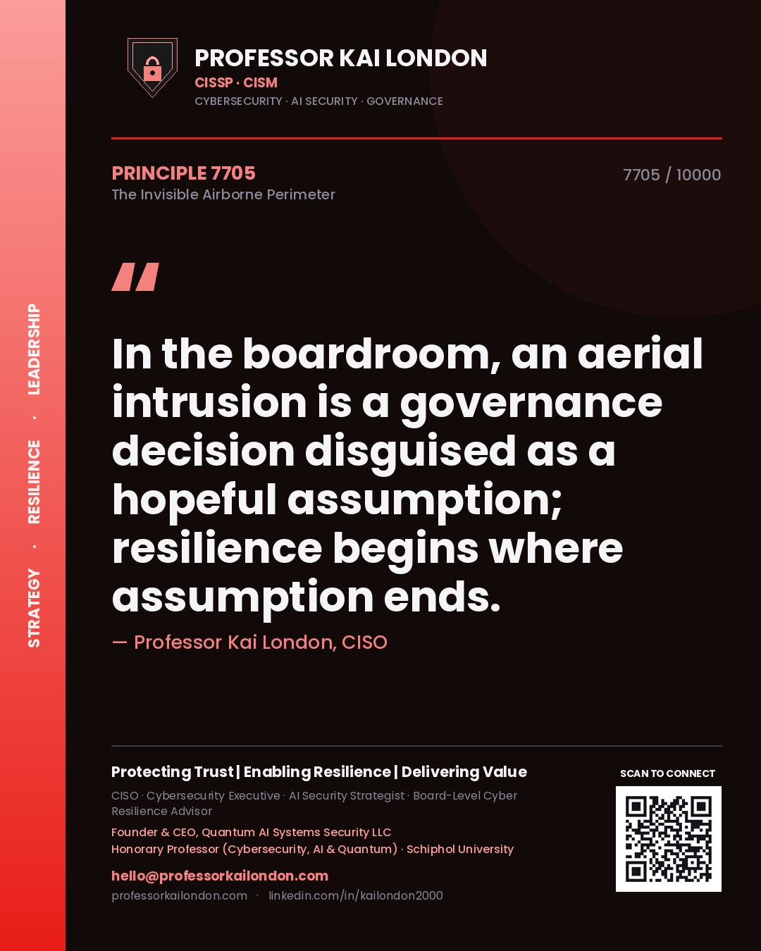 Quote card by Professor Kai London reading 'In the boardroom, an aerial intrusion is a governance decision disguised as a hopeful assumption; resilience begins where assumption ends.'. From the book The Invisible Airborne Perimeter.