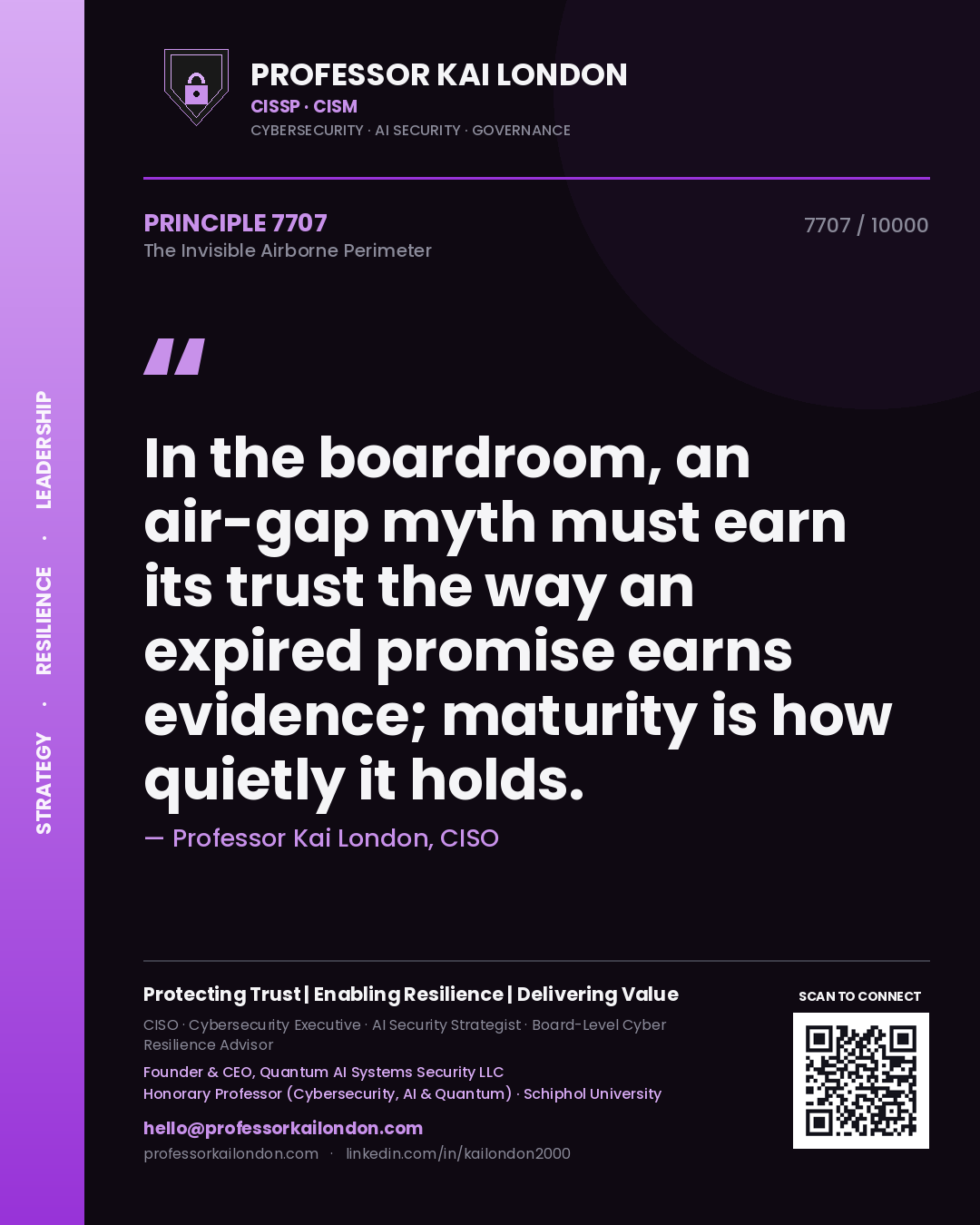 Quote card by Professor Kai London reading 'In the boardroom, an air-gap myth must earn its trust the way an expired promise earns evidence; maturity is how quietly it holds.'. From the book The Invisible Airborne Perimeter.