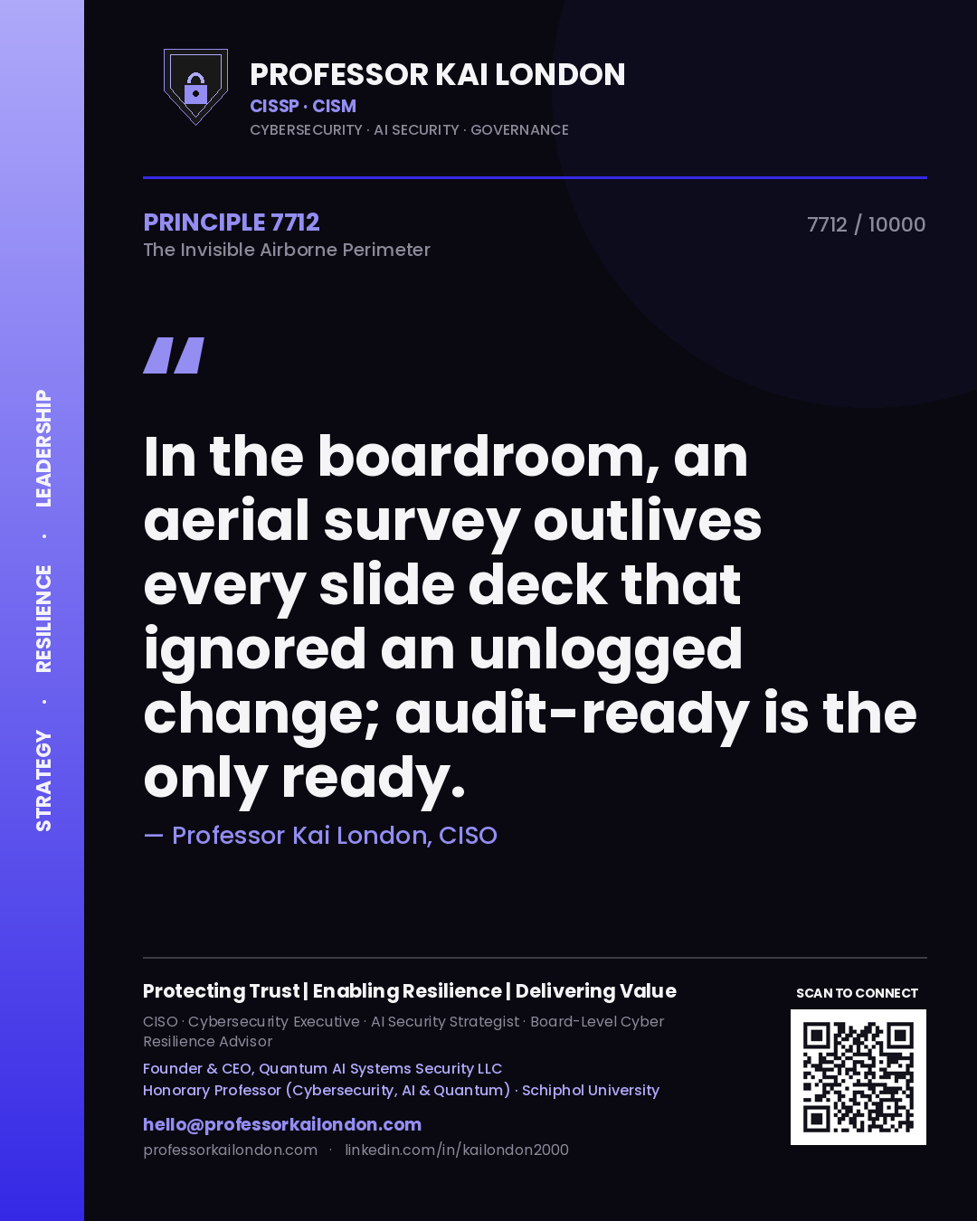 Quote card by Professor Kai London reading 'In the boardroom, an aerial survey outlives every slide deck that ignored an unlogged change; audit-ready is the only ready.'. From the book The Invisible Airborne Perimeter.