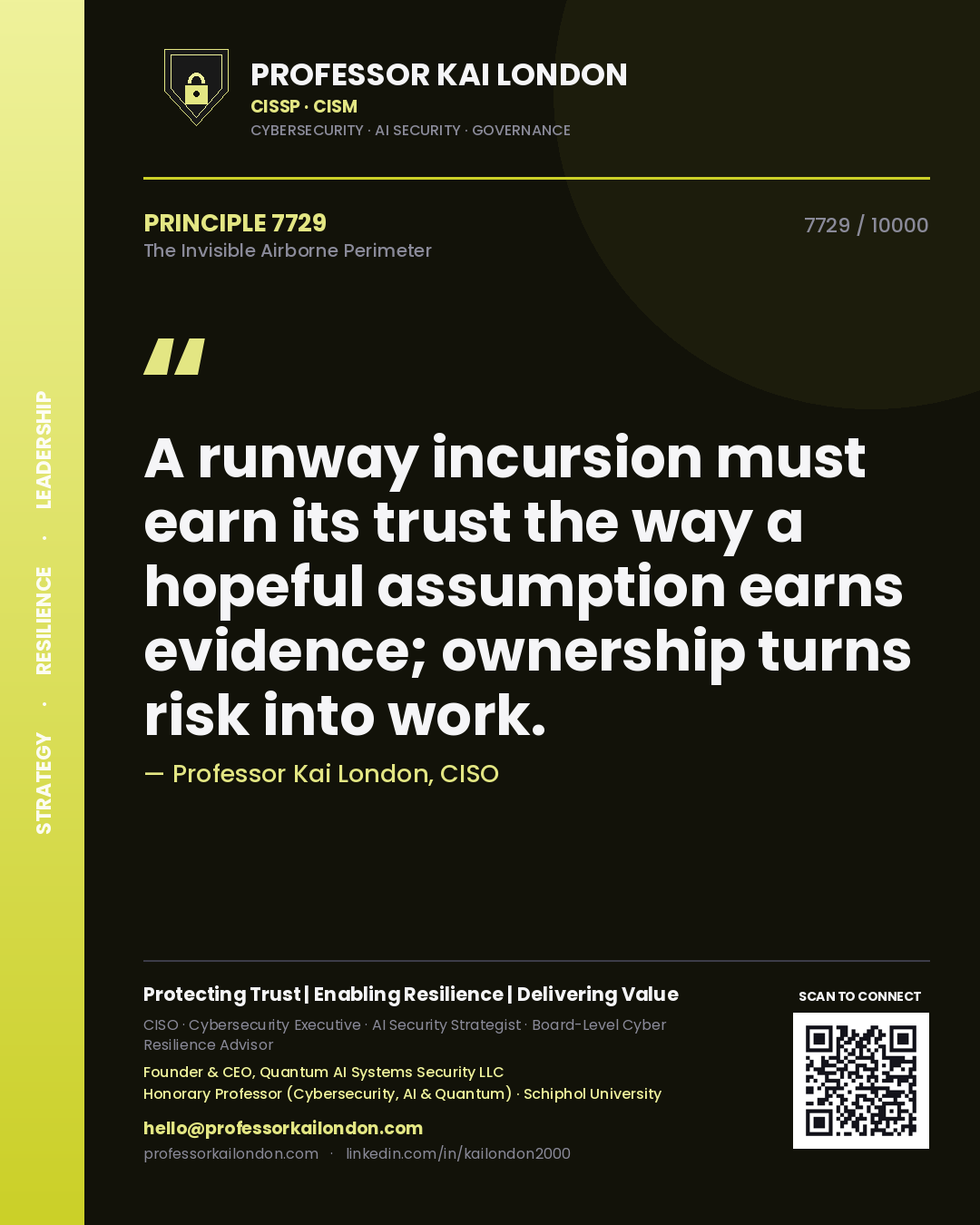 Quote card by Professor Kai London reading 'A runway incursion must earn its trust the way a hopeful assumption earns evidence; ownership turns risk into work.'. From the book The Invisible Airborne Perimeter.