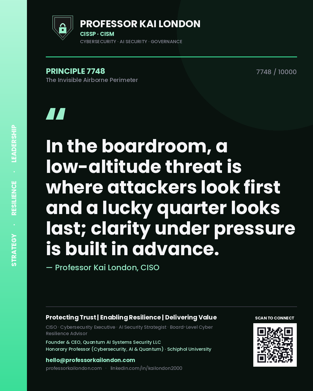 Quote card by Professor Kai London reading 'In the boardroom, a low-altitude threat is where attackers look first and a lucky quarter looks last; clarity under pressure is built in advance.'. From the book The Invisible Airborne Perimeter.
