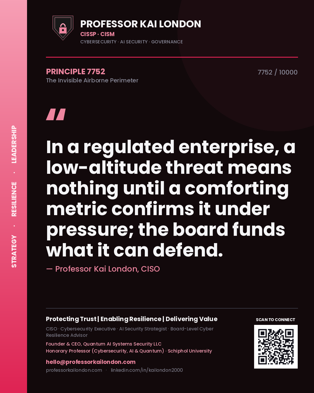 Quote card by Professor Kai London reading 'In a regulated enterprise, a low-altitude threat means nothing until a comforting metric confirms it under pressure; the board funds what it can defend.'. From the book The Invisible Airborne Perimeter.