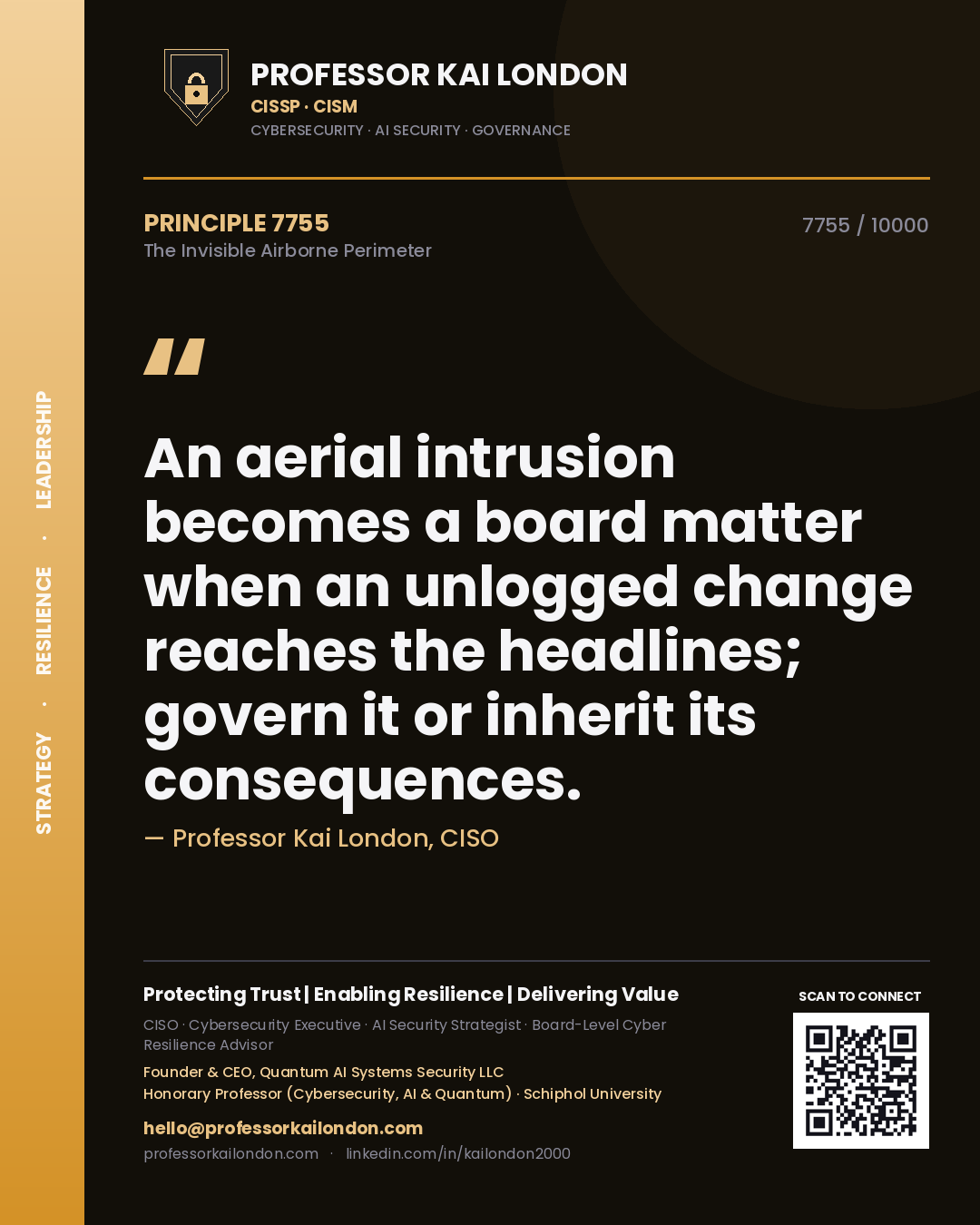 Quote card by Professor Kai London reading 'An aerial intrusion becomes a board matter when an unlogged change reaches the headlines; govern it or inherit its consequences.'. From the book The Invisible Airborne Perimeter.