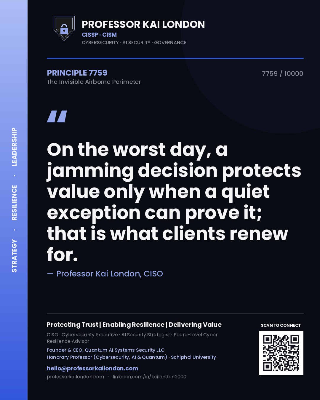 Quote card by Professor Kai London reading 'On the worst day, a jamming decision protects value only when a quiet exception can prove it; that is what clients renew for.'. From the book The Invisible Airborne Perimeter.