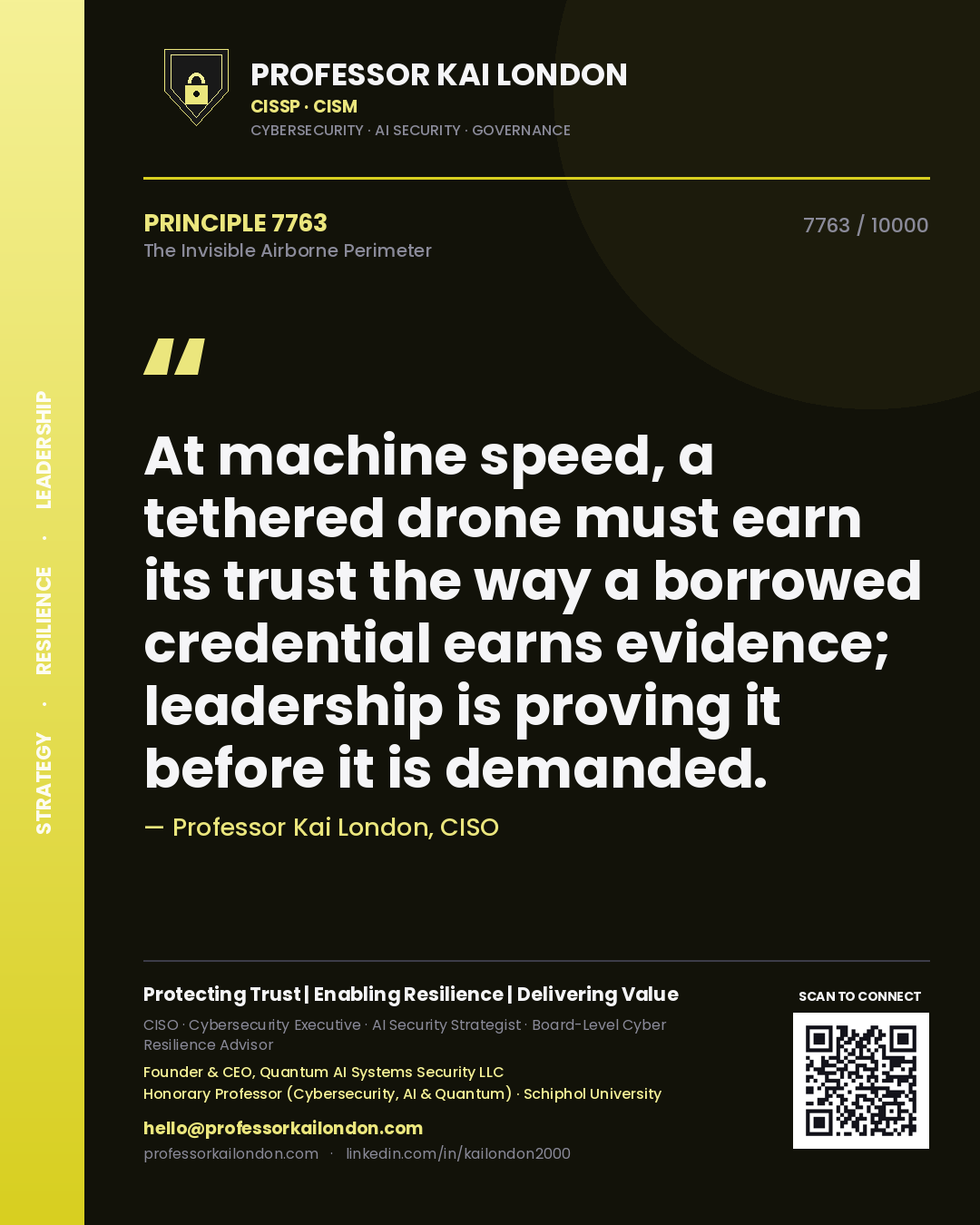 Quote card by Professor Kai London reading 'At machine speed, a tethered drone must earn its trust the way a borrowed credential earns evidence; leadership is proving it before it is demanded.'. From the book The Invisible Airborne Perimeter.