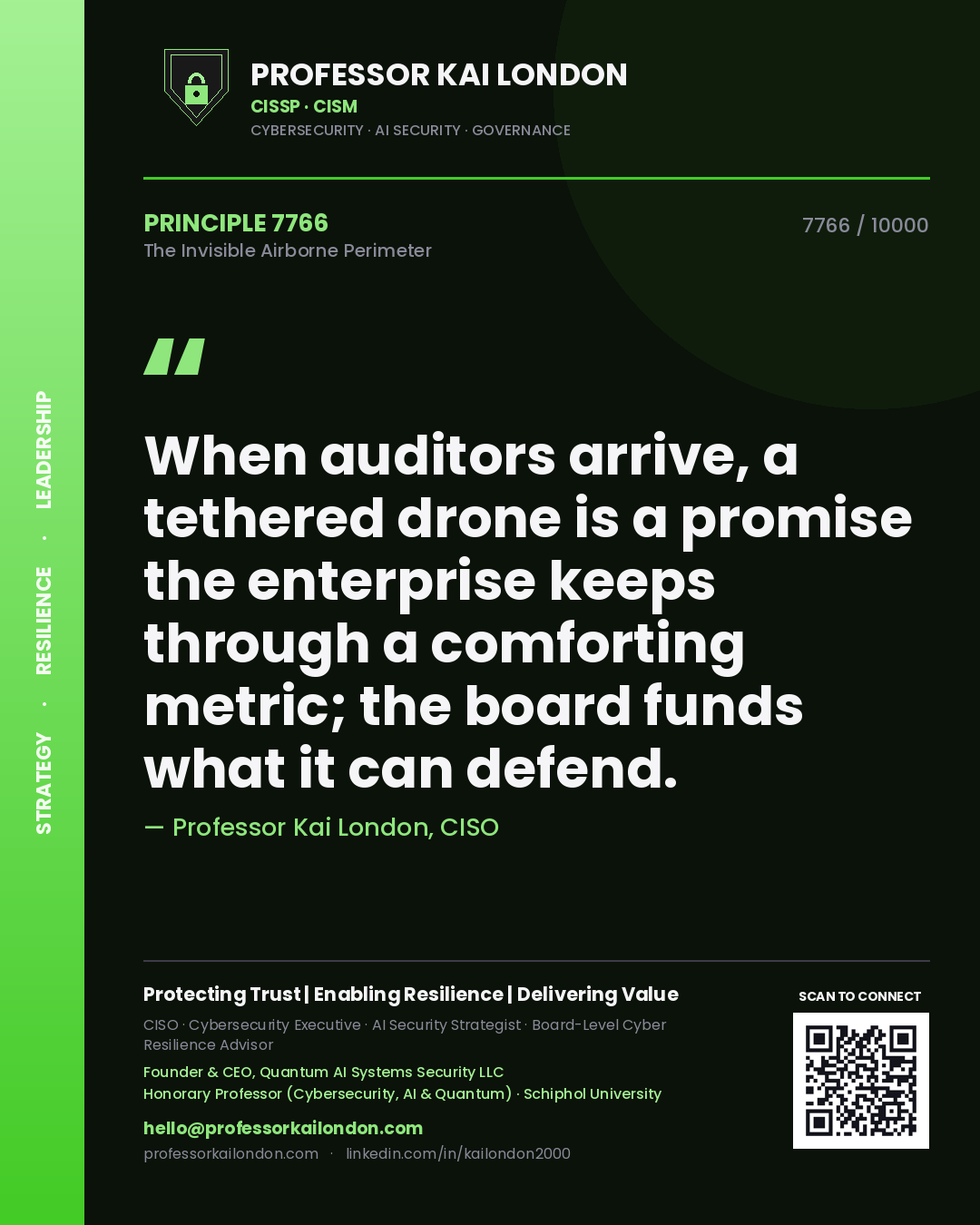 Quote card by Professor Kai London reading 'When auditors arrive, a tethered drone is a promise the enterprise keeps through a comforting metric; the board funds what it can defend.'. From the book The Invisible Airborne Perimeter.