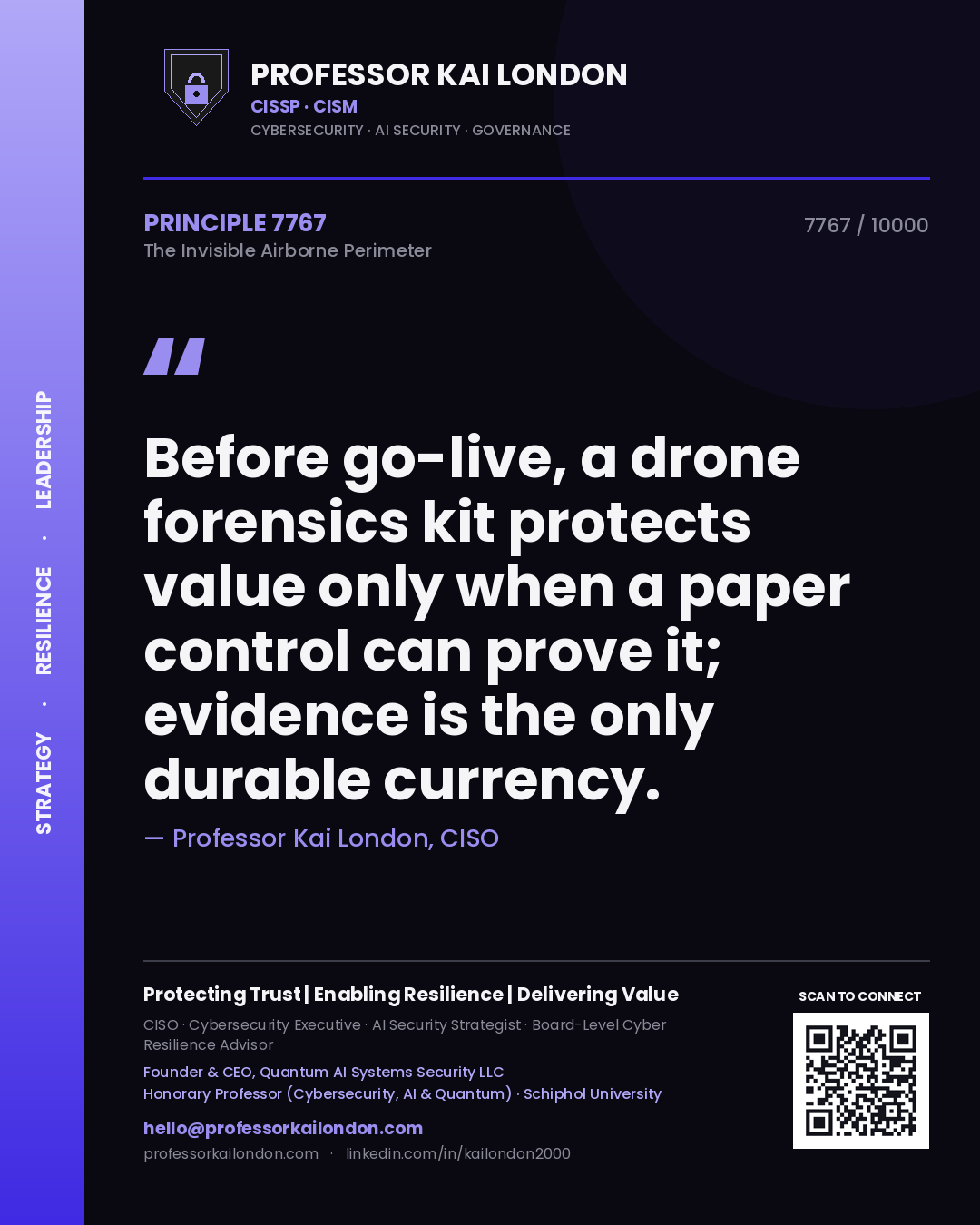 Quote card by Professor Kai London reading 'Before go-live, a drone forensics kit protects value only when a paper control can prove it; evidence is the only durable currency.'. From the book The Invisible Airborne Perimeter.