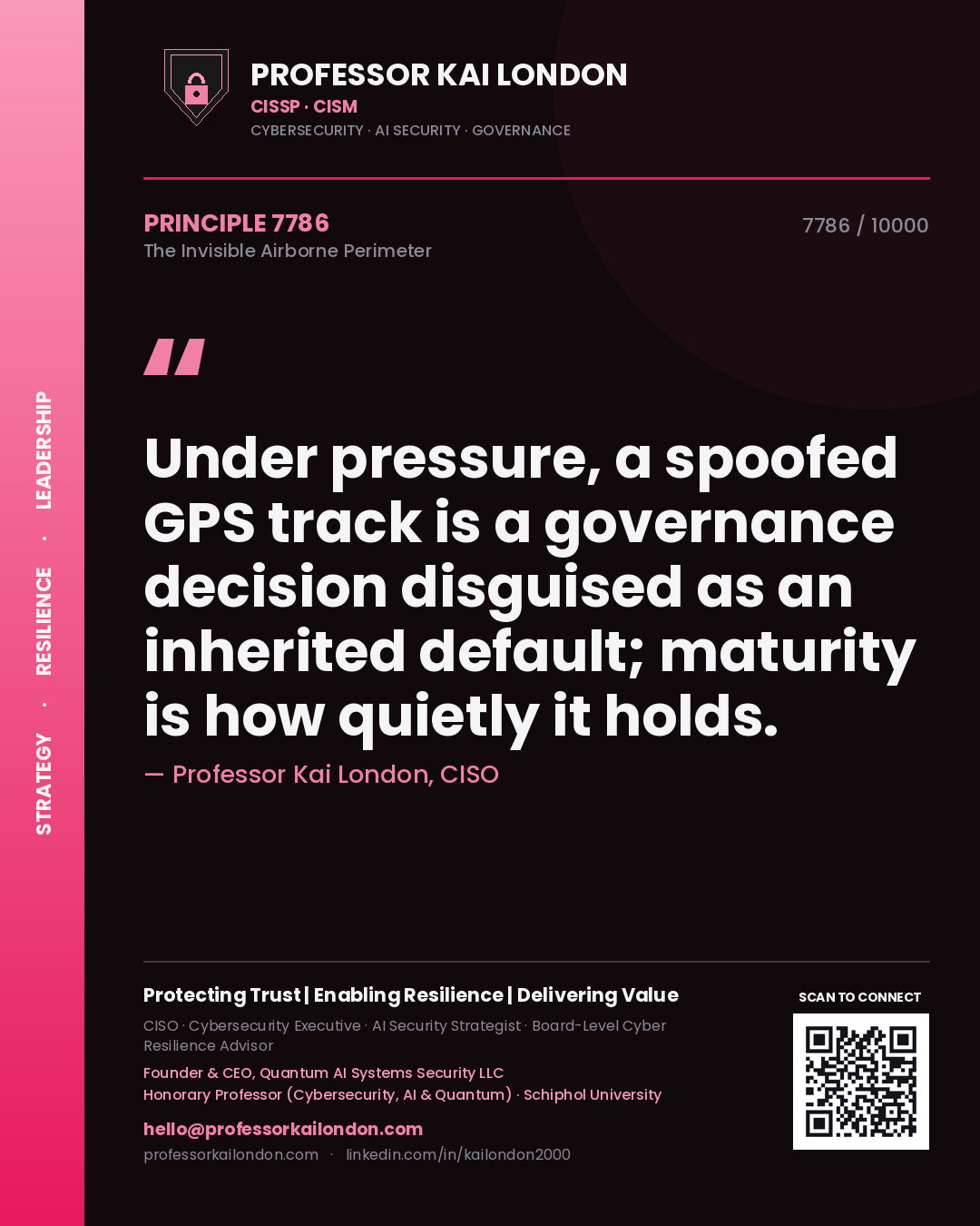 Quote card by Professor Kai London reading 'Under pressure, a spoofed GPS track is a governance decision disguised as an inherited default; maturity is how quietly it holds.'. From the book The Invisible Airborne Perimeter.