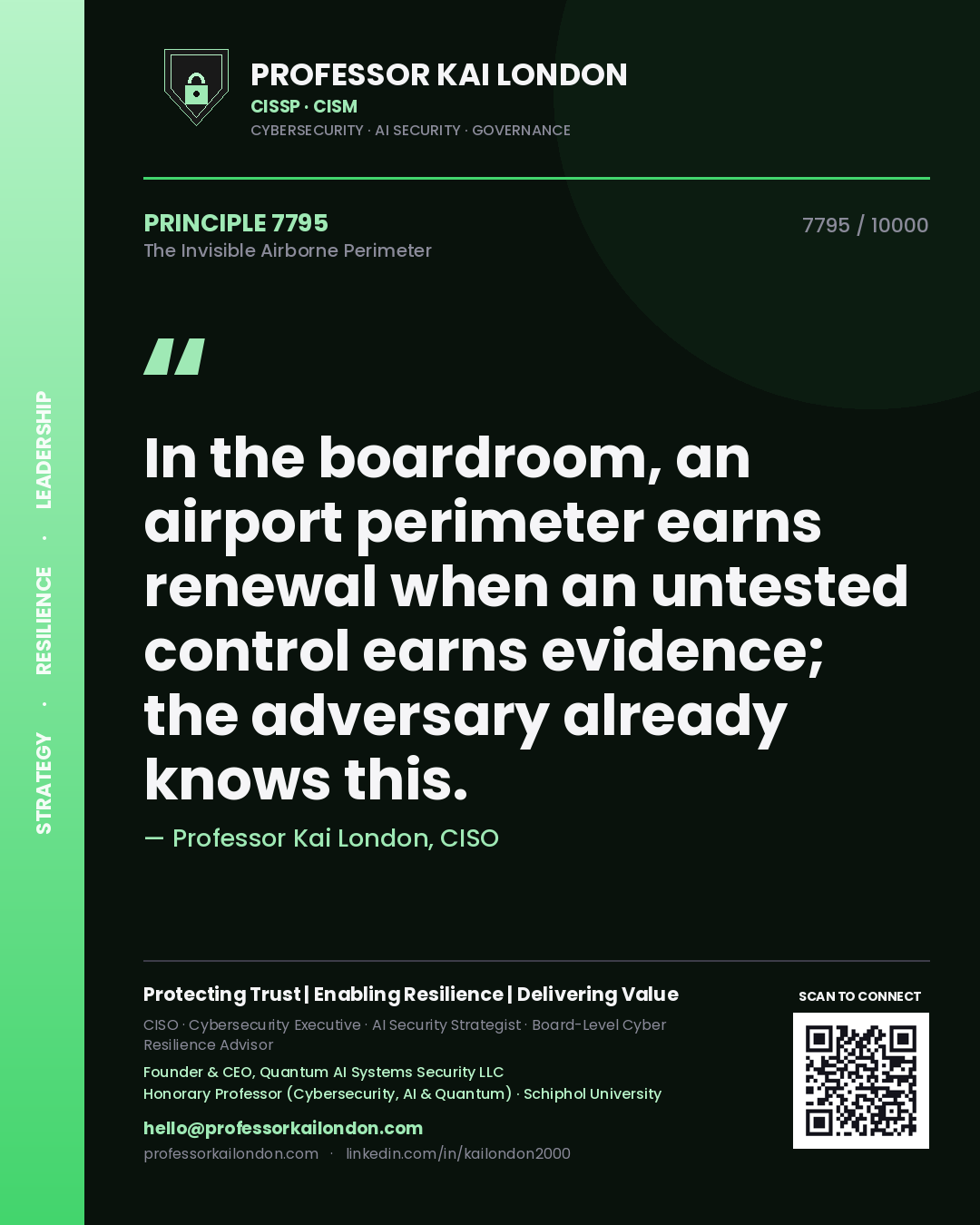 Quote card by Professor Kai London reading 'In the boardroom, an airport perimeter earns renewal when an untested control earns evidence; the adversary already knows this.'. From the book The Invisible Airborne Perimeter.