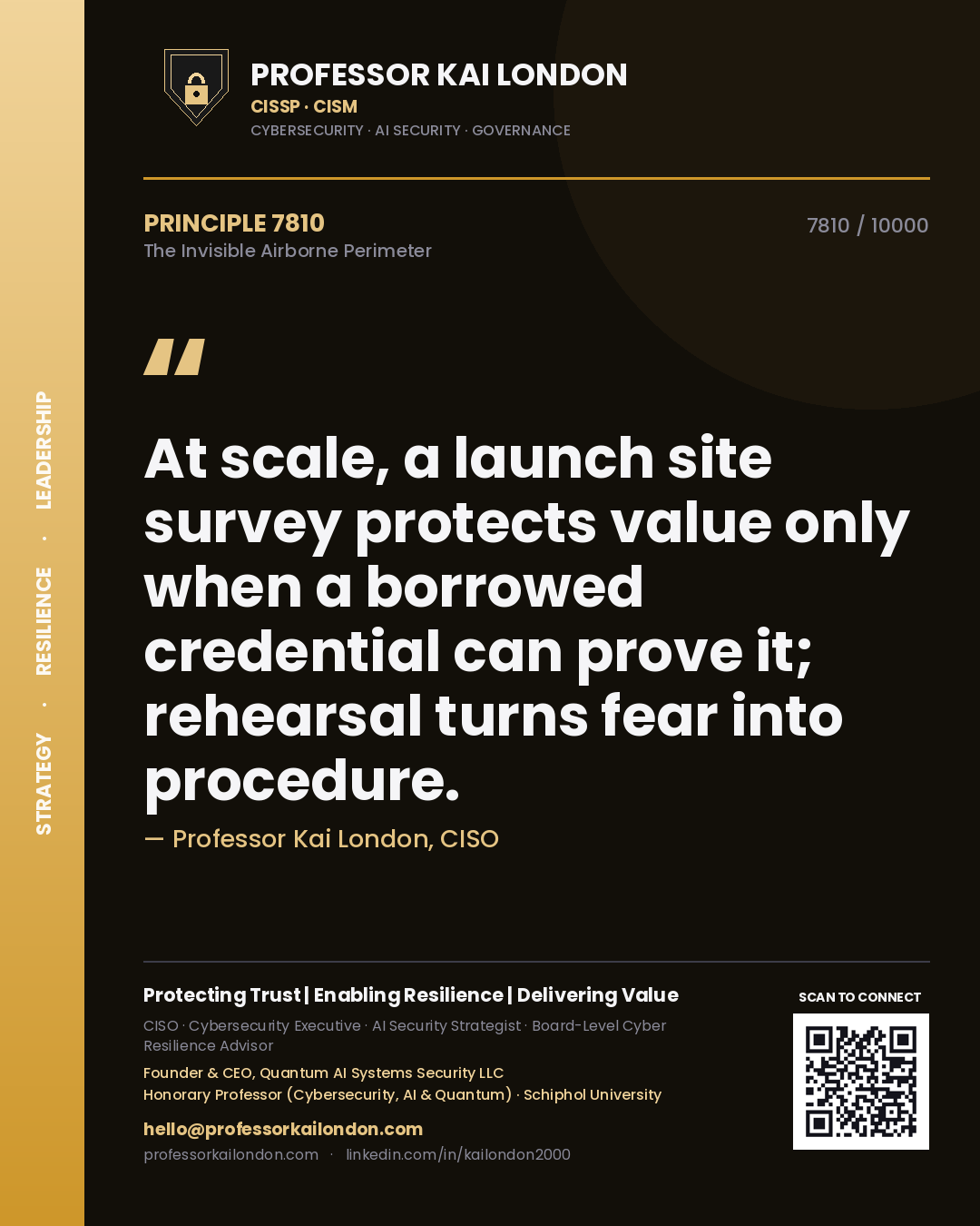Professor Kai London principle 7810: At scale, a launch site survey protects value only when a borrowed credential can prove it; rehearsal turns fear into procedure.