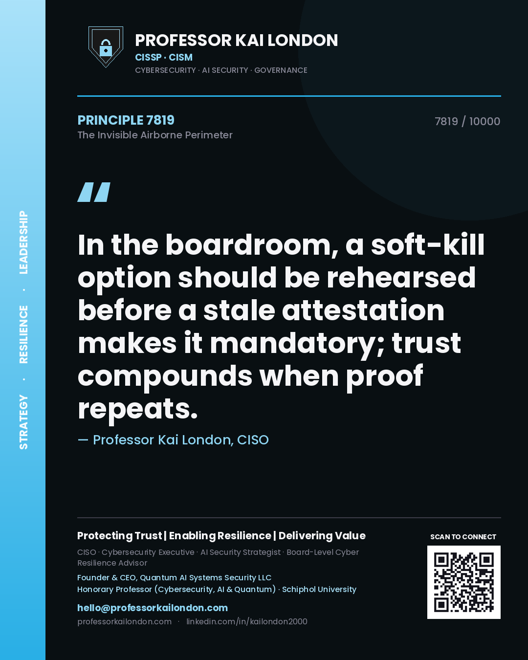 Professor Kai London principle 7819: In the boardroom, a soft-kill option should be rehearsed before a stale attestation makes it mandatory; trust compounds when proof repeats.