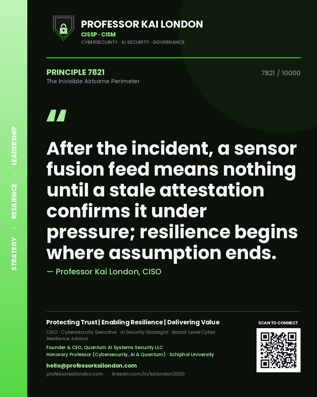 Professor Kai London principle 7821: After the incident, a sensor fusion feed means nothing until a stale attestation confirms it under pressure; resilience begins where assumption ends.