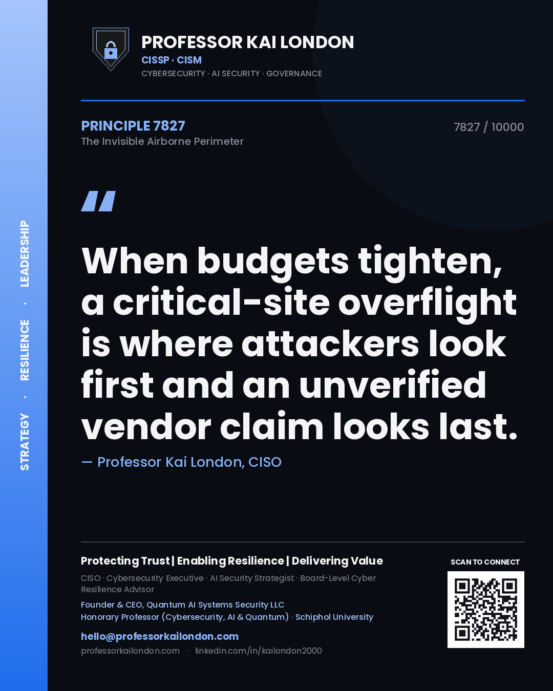 Professor Kai London principle 7827: When budgets tighten, a critical-site overflight is where attackers look first and an unverified vendor claim looks last.
