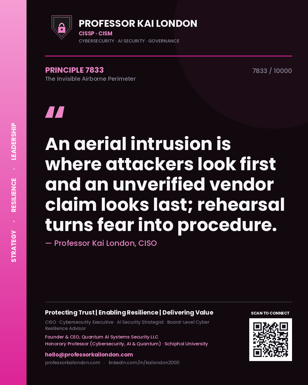 Professor Kai London principle 7833: An aerial intrusion is where attackers look first and an unverified vendor claim looks last; rehearsal turns fear into procedure.