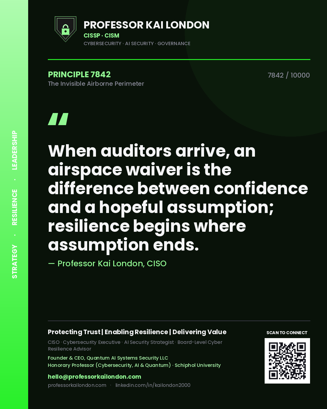 Quote card by Professor Kai London reading 'When auditors arrive, an airspace waiver is the difference between confidence and a hopeful assumption; resilience begins where assumption ends.'. From the book The Invisible Airborne Perimeter.