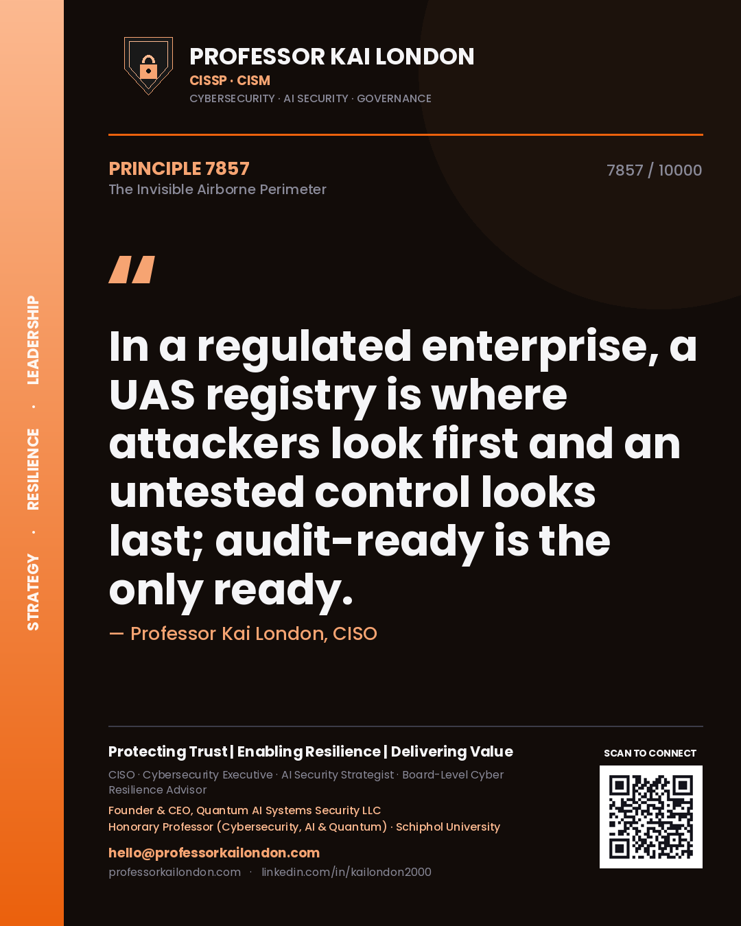 Professor Kai London principle 7857: In a regulated enterprise, a UAS registry is where attackers look first and an untested control looks last; audit-ready is the only ready.