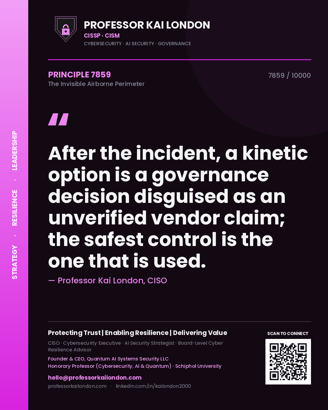 Professor Kai London principle 7859: After the incident, a kinetic option is a governance decision disguised as an unverified vendor claim; the safest control is the one that is used.