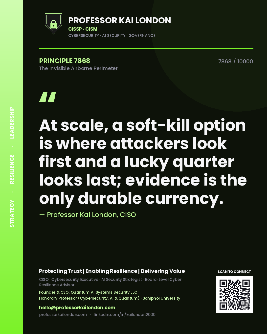 Quote card by Professor Kai London reading 'At scale, a soft-kill option is where attackers look first and a lucky quarter looks last; evidence is the only durable currency.'. From the book The Invisible Airborne Perimeter.