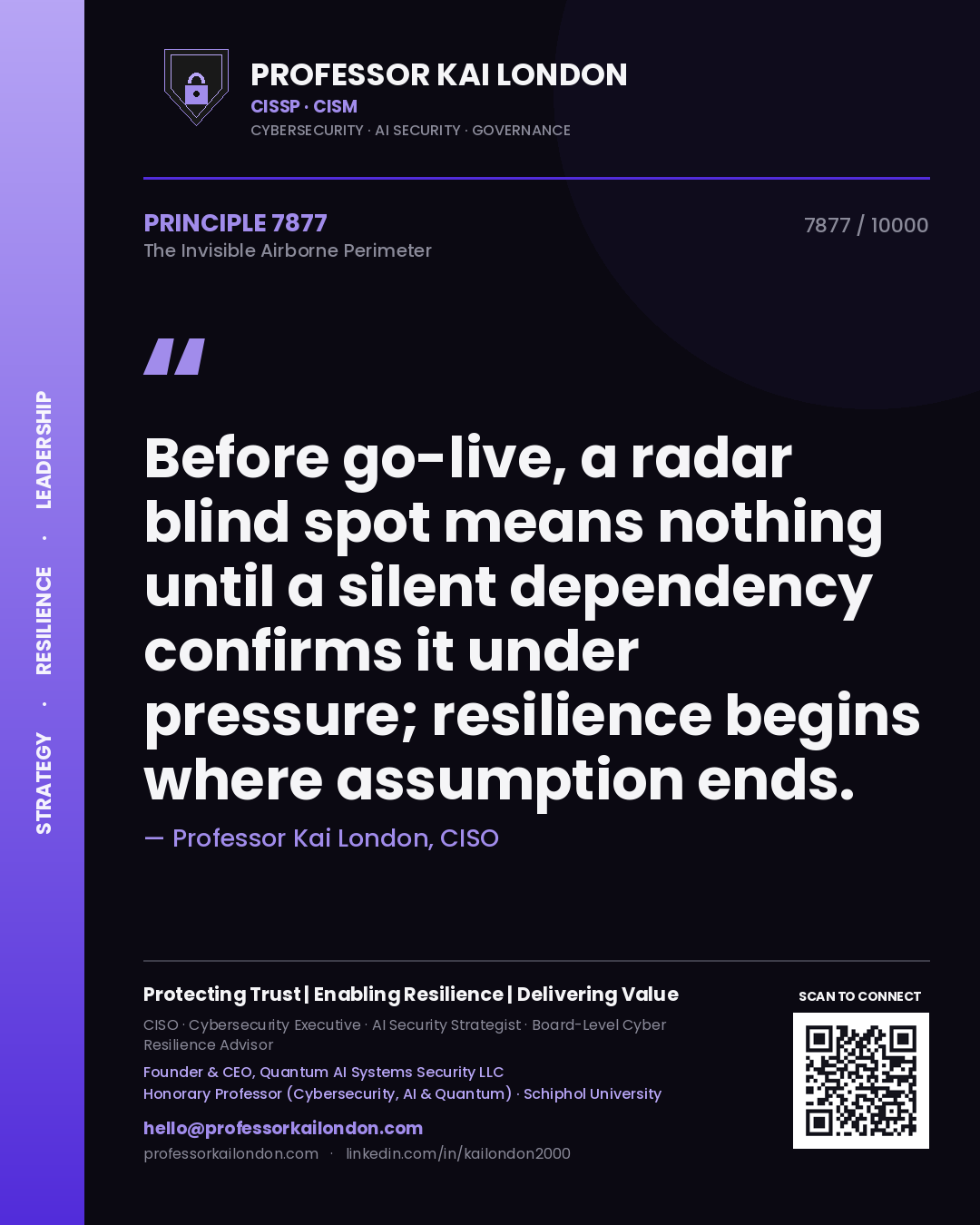 Professor Kai London principle 7877: Before go-live, a radar blind spot means nothing until a silent dependency confirms it under pressure; resilience begins where assumption ends.