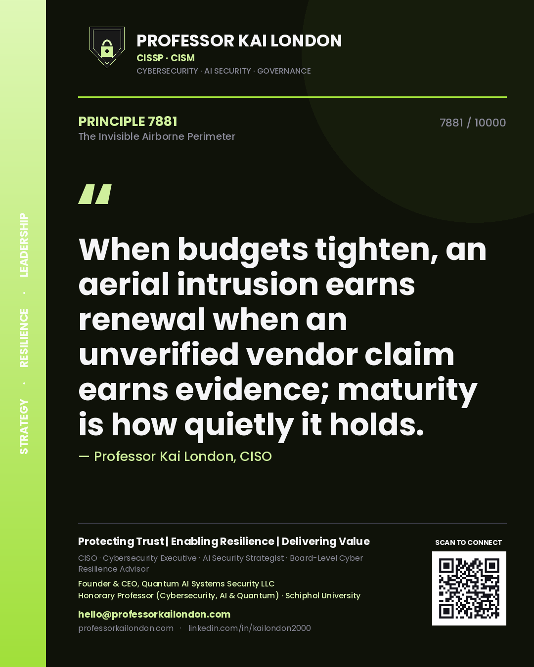 Quote card by Professor Kai London reading 'When budgets tighten, an aerial intrusion earns renewal when an unverified vendor claim earns evidence; maturity is how quietly it holds.'. From the book The Invisible Airborne Perimeter.