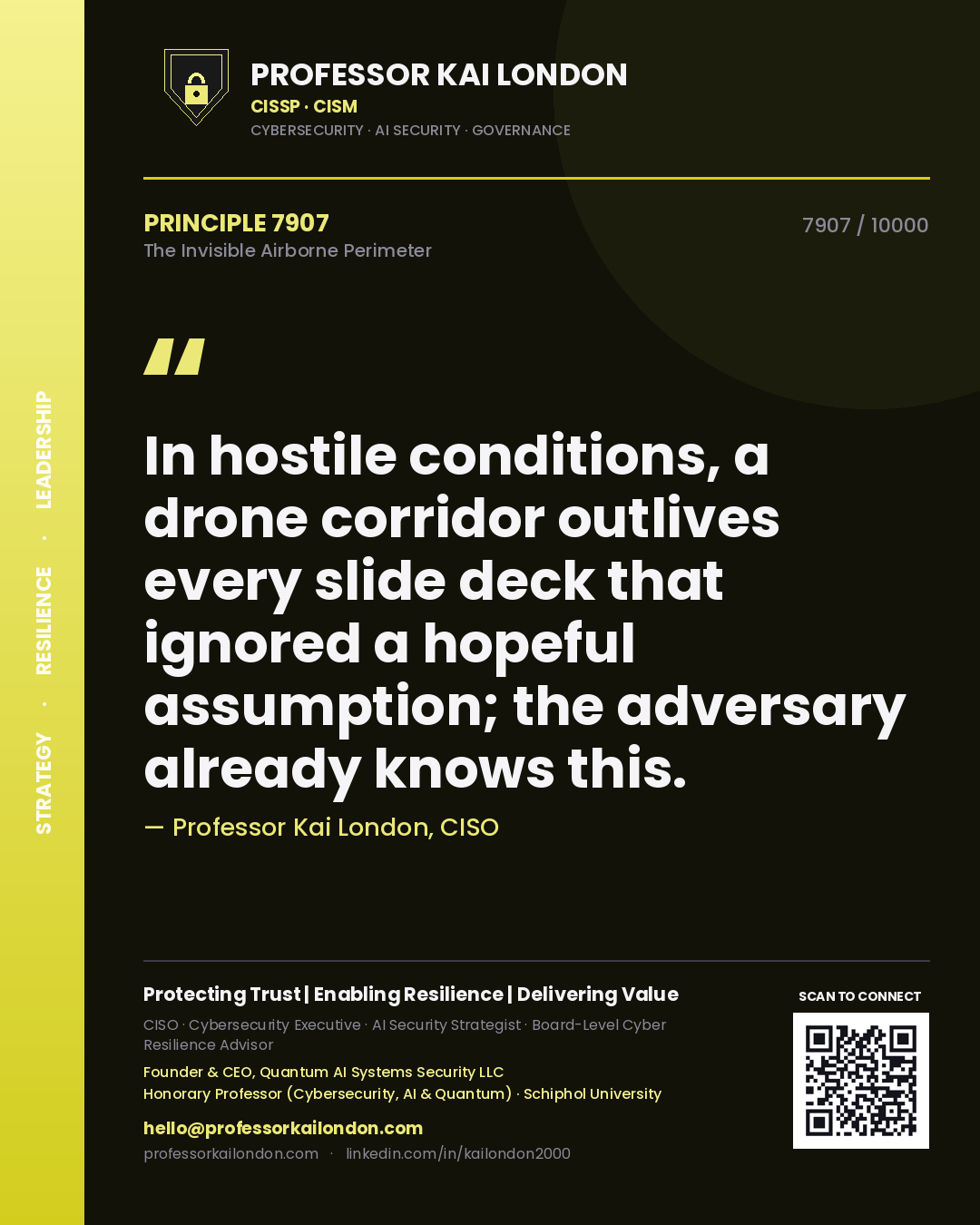Quote card by Professor Kai London reading 'In hostile conditions, a drone corridor outlives every slide deck that ignored a hopeful assumption; the adversary already knows this.'. From the book The Invisible Airborne Perimeter.