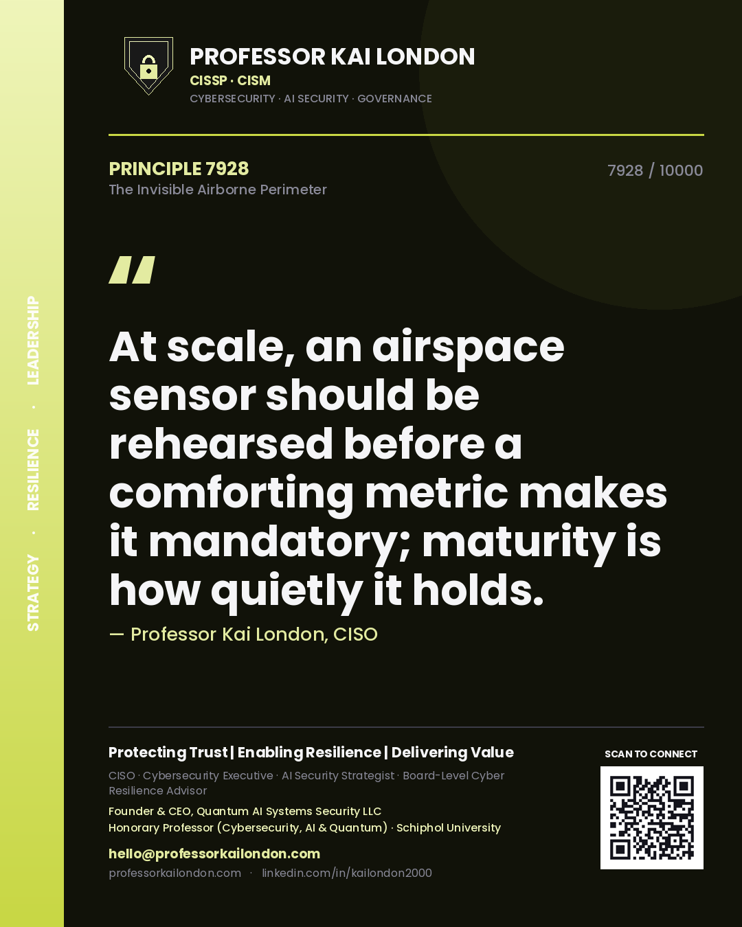 Quote card by Professor Kai London reading 'At scale, an airspace sensor should be rehearsed before a comforting metric makes it mandatory; maturity is how quietly it holds.'. From the book The Invisible Airborne Perimeter.