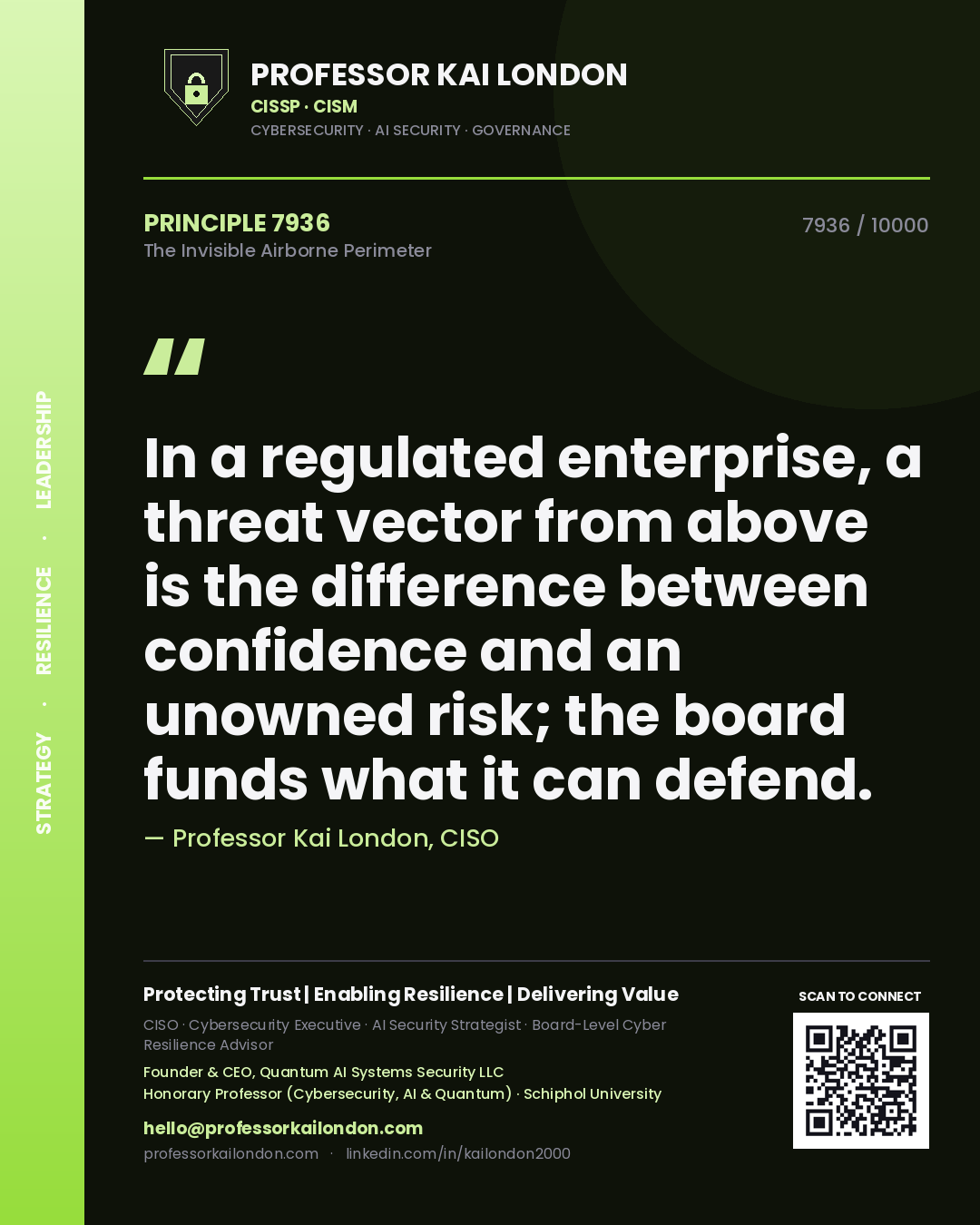Quote card by Professor Kai London reading 'In a regulated enterprise, a threat vector from above is the difference between confidence and an unowned risk; the board funds what it can defend.'. From the book The Invisible Airborne Perimeter.