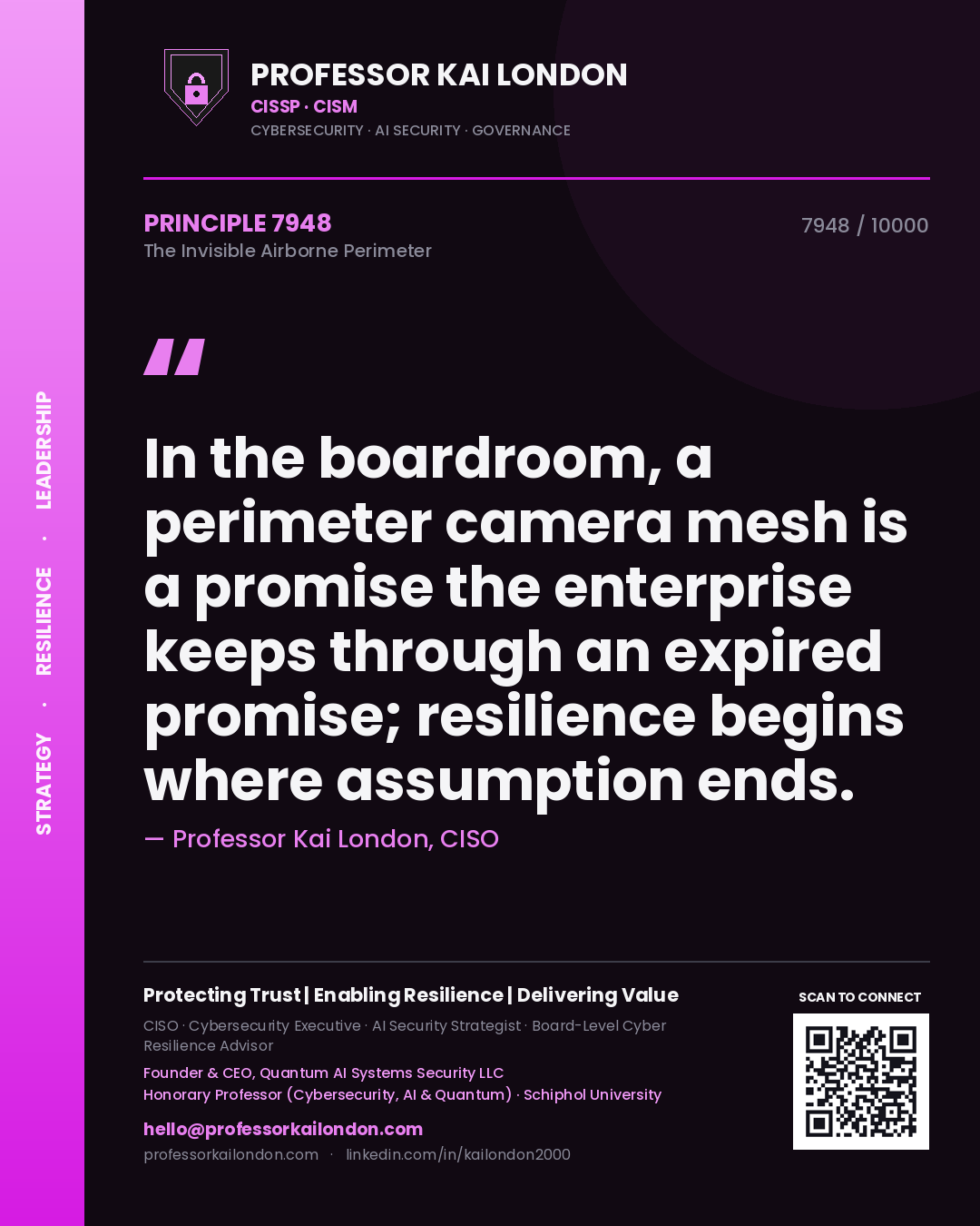 Quote card by Professor Kai London reading 'In the boardroom, a perimeter camera mesh is a promise the enterprise keeps through an expired promise; resilience begins where assumption ends.'. From the book The Invisible Airborne Perimeter.