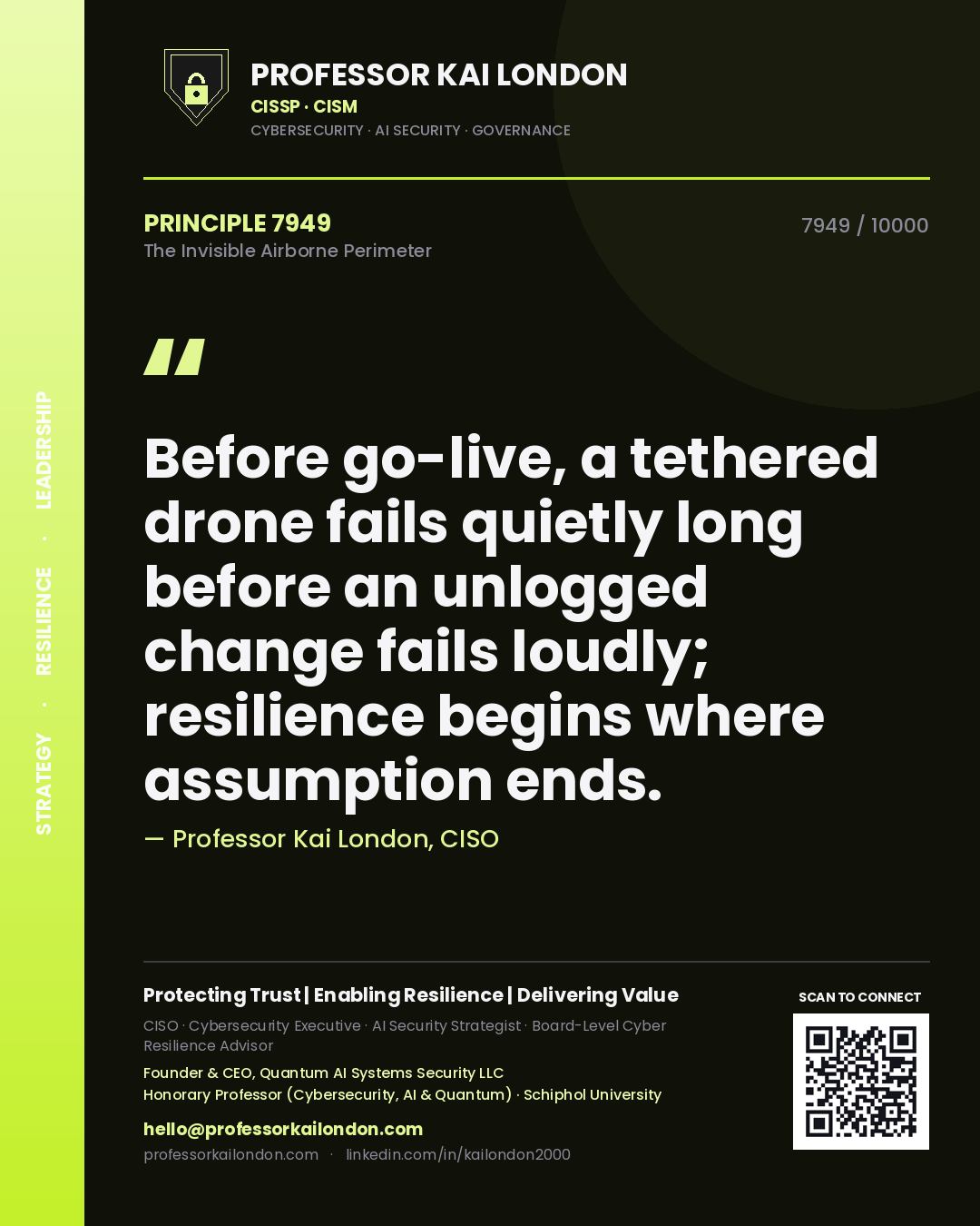 Quote card by Professor Kai London reading 'Before go-live, a tethered drone fails quietly long before an unlogged change fails loudly; resilience begins where assumption ends.'. From the book The Invisible Airborne Perimeter.