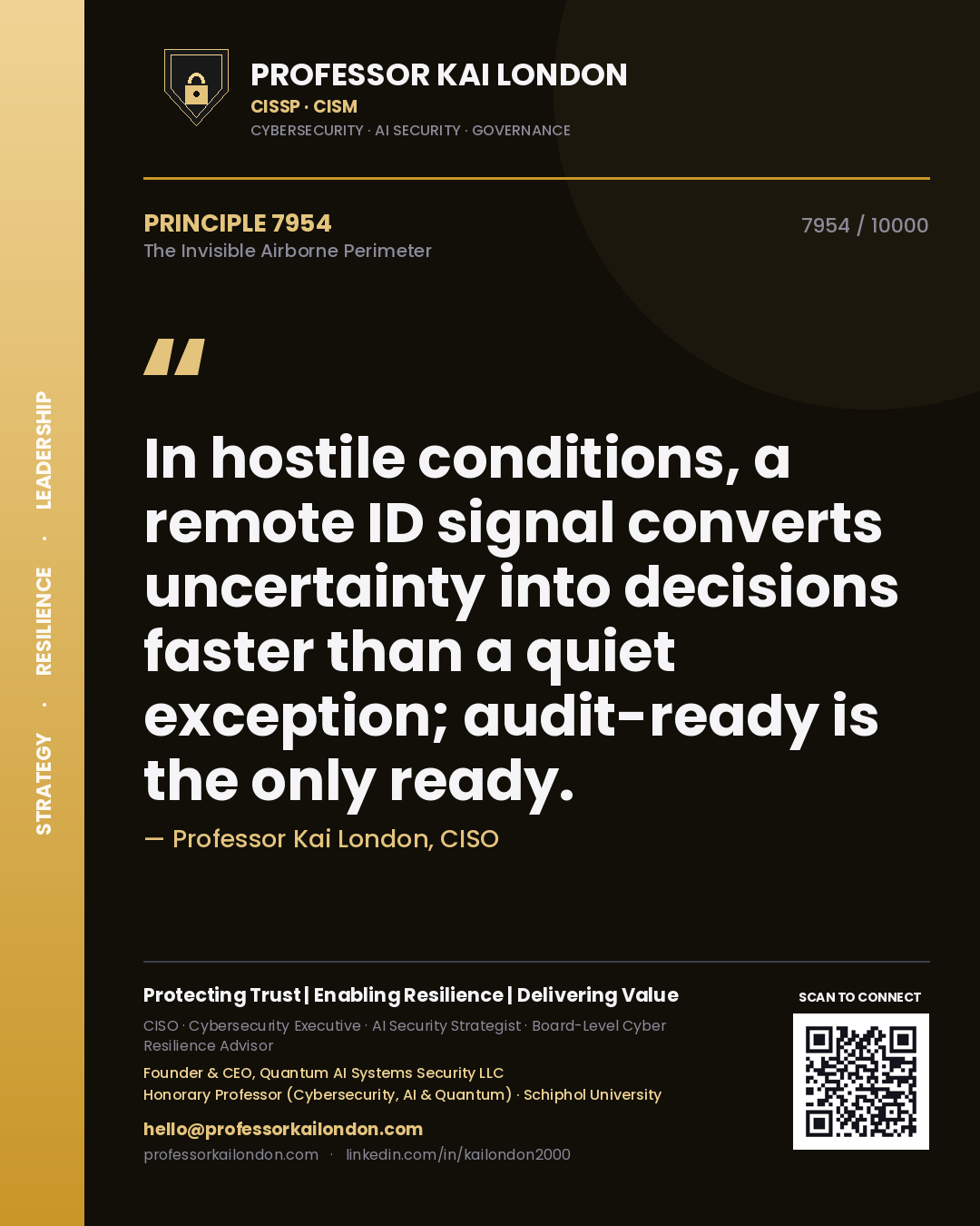 Quote card by Professor Kai London reading 'In hostile conditions, a remote ID signal converts uncertainty into decisions faster than a quiet exception; audit-ready is the only ready.'. From the book The Invisible Airborne Perimeter.