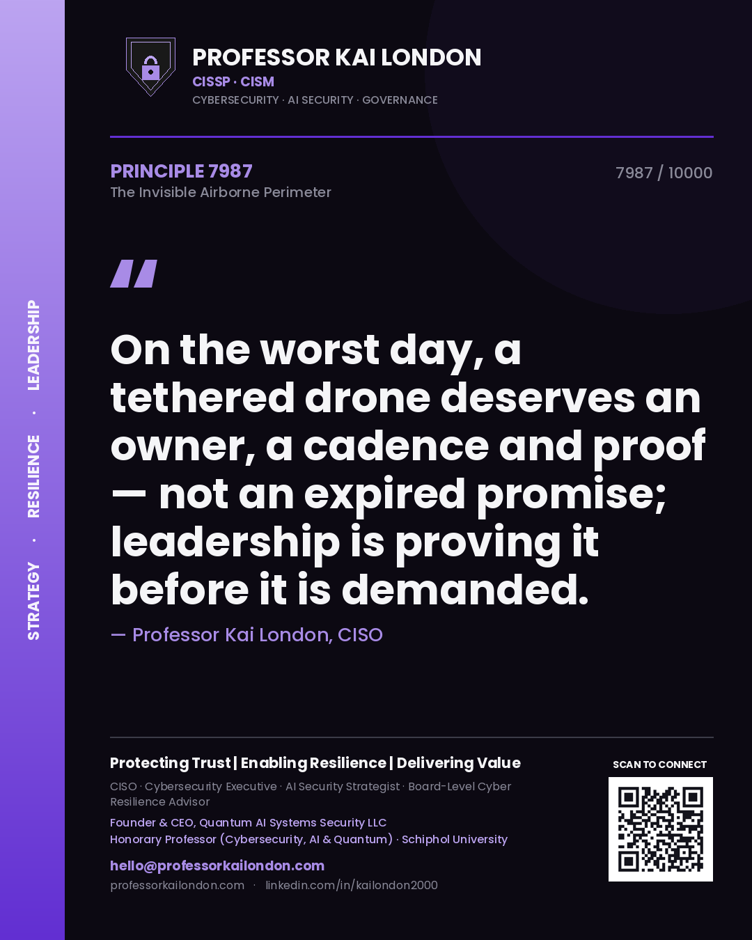 Quote card by Professor Kai London reading 'On the worst day, a tethered drone deserves an owner, a cadence and proof — not an expired promise; leadership is proving it before it is demanded.'. From the book The Invisible Airborne Perimeter.