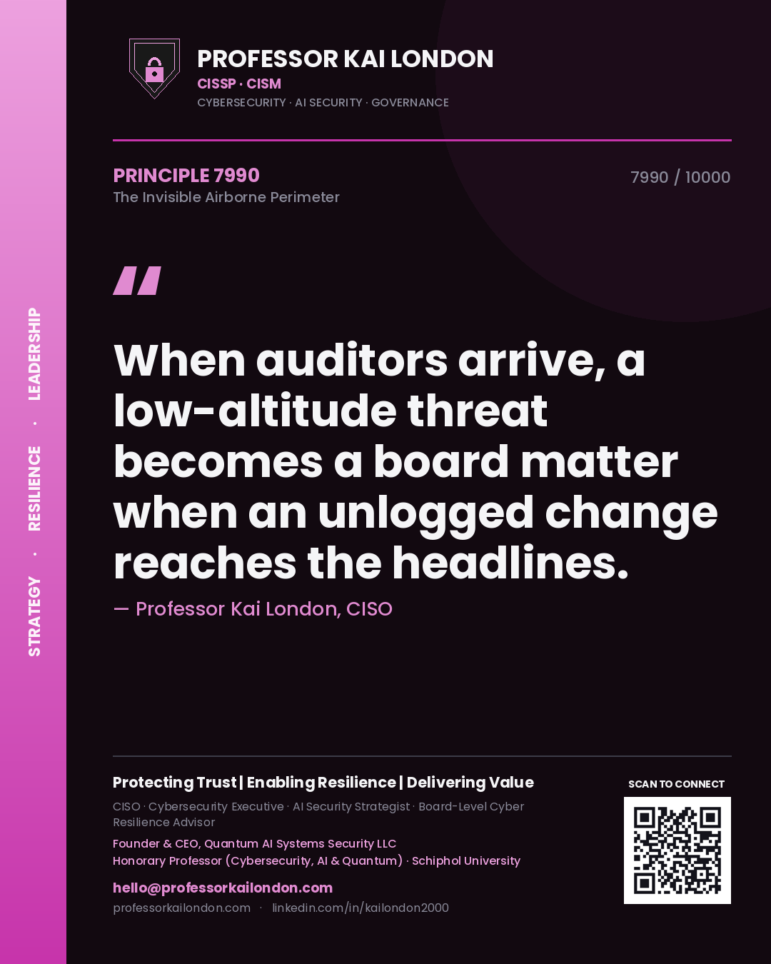 Quote card by Professor Kai London reading 'When auditors arrive, a low-altitude threat becomes a board matter when an unlogged change reaches the headlines.'. From the book The Invisible Airborne Perimeter.