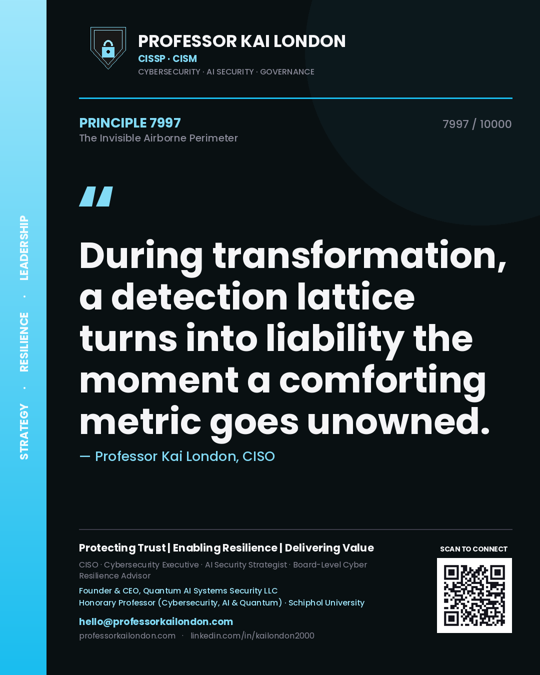 Quote card by Professor Kai London reading 'During transformation, a detection lattice turns into liability the moment a comforting metric goes unowned.'. From the book The Invisible Airborne Perimeter.