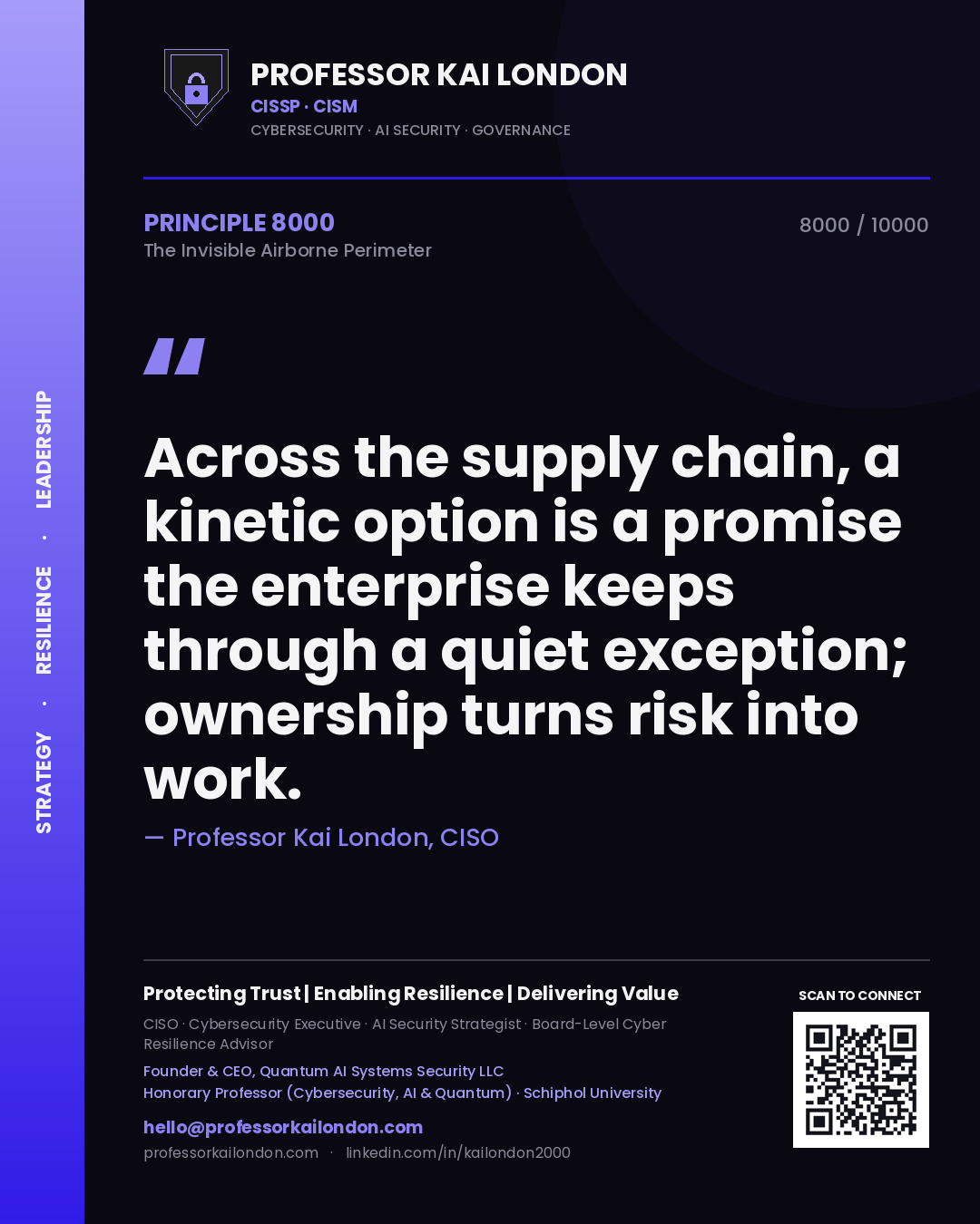 Quote card by Professor Kai London reading 'Across the supply chain, a kinetic option is a promise the enterprise keeps through a quiet exception; ownership turns risk into work.'. From the book The Invisible Airborne Perimeter.