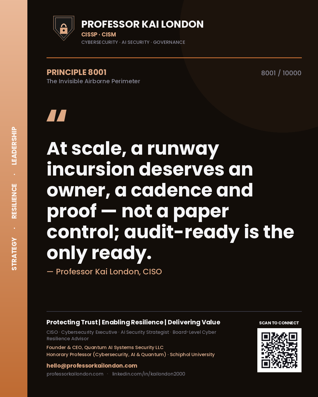 Quote card by Professor Kai London reading 'At scale, a runway incursion deserves an owner, a cadence and proof — not a paper control; audit-ready is the only ready.'. From the book The Invisible Airborne Perimeter.