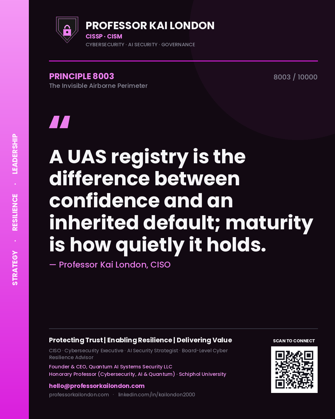 Quote card by Professor Kai London reading 'A UAS registry is the difference between confidence and an inherited default; maturity is how quietly it holds.'. From the book The Invisible Airborne Perimeter.