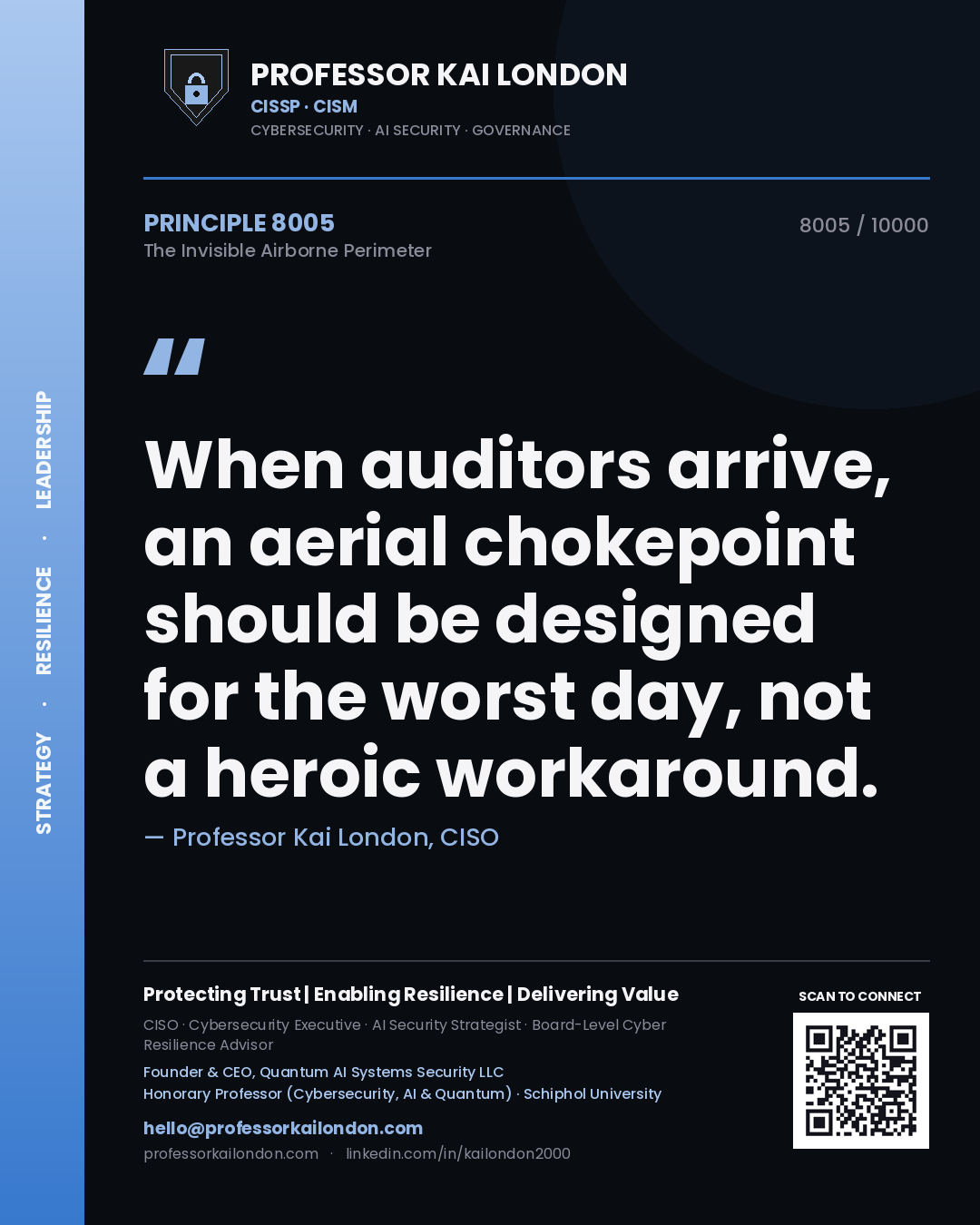 Quote card by Professor Kai London reading 'When auditors arrive, an aerial chokepoint should be designed for the worst day, not a heroic workaround.'. From the book The Invisible Airborne Perimeter.